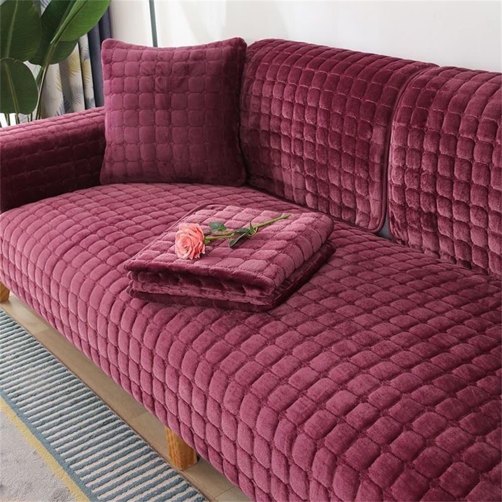 QIAQ Soft Velvet Sofa Covers Washable - Universal Non-Slip Sofa Cushion Covers 1 2 3 4 Seater Couch Covers for Sectional Sofa (70x150 cm,Wine red)