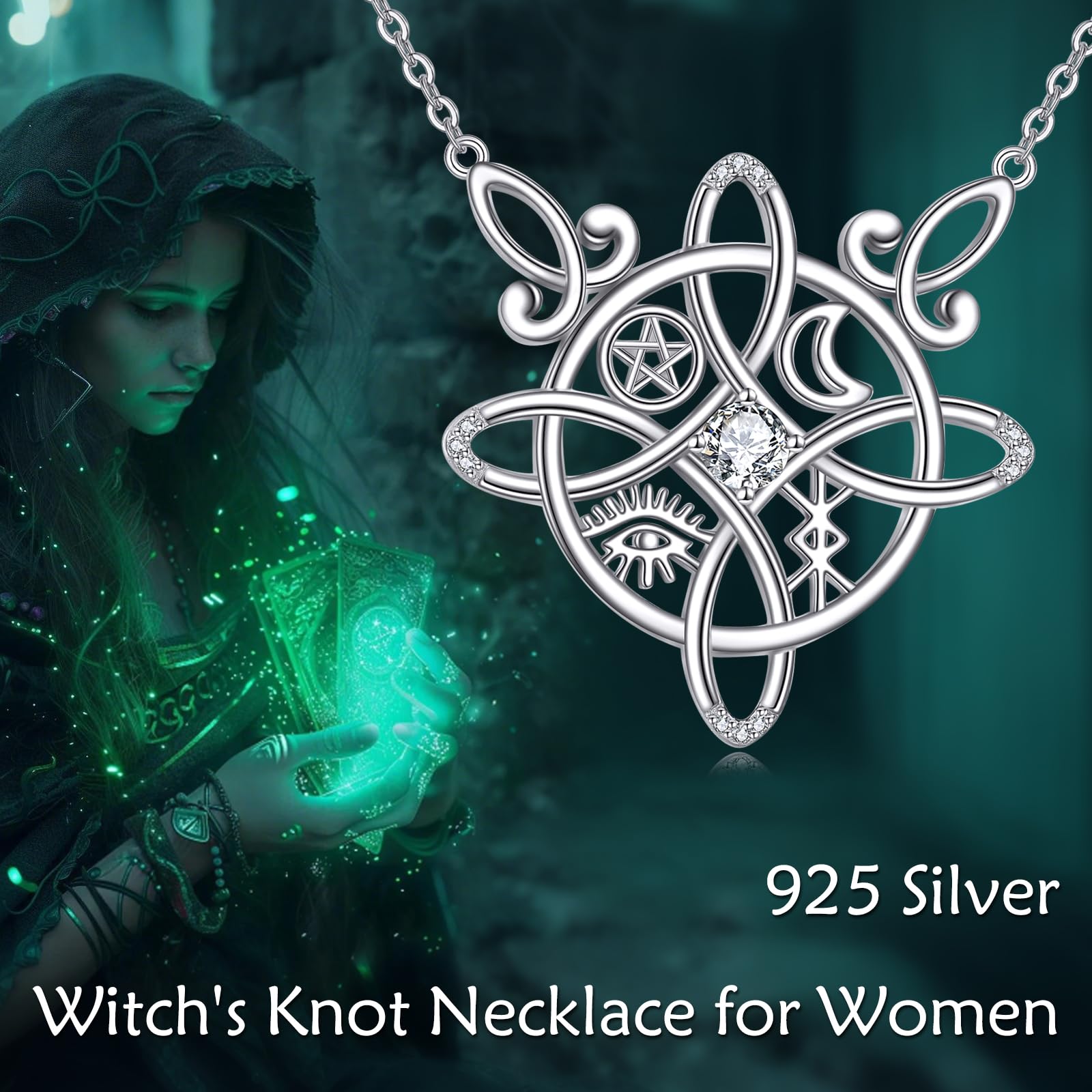 Hexenknoten-Halskette aus Sterlingsilber mit keltischem Kreuz, Hexenknoten-Amulett, Geschenk für Frauen