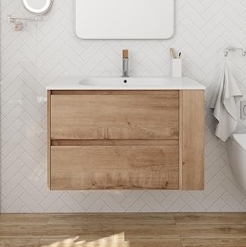 30inch Bathroom Vanity With Sink,Modern Single Sink Wall Mounted Bathroom Storage Vanity Cabinet with 2 Soft Close Drawers & Open Storage Shelf, Floating Bathroom Vanity with Sink Combo Set,Oak