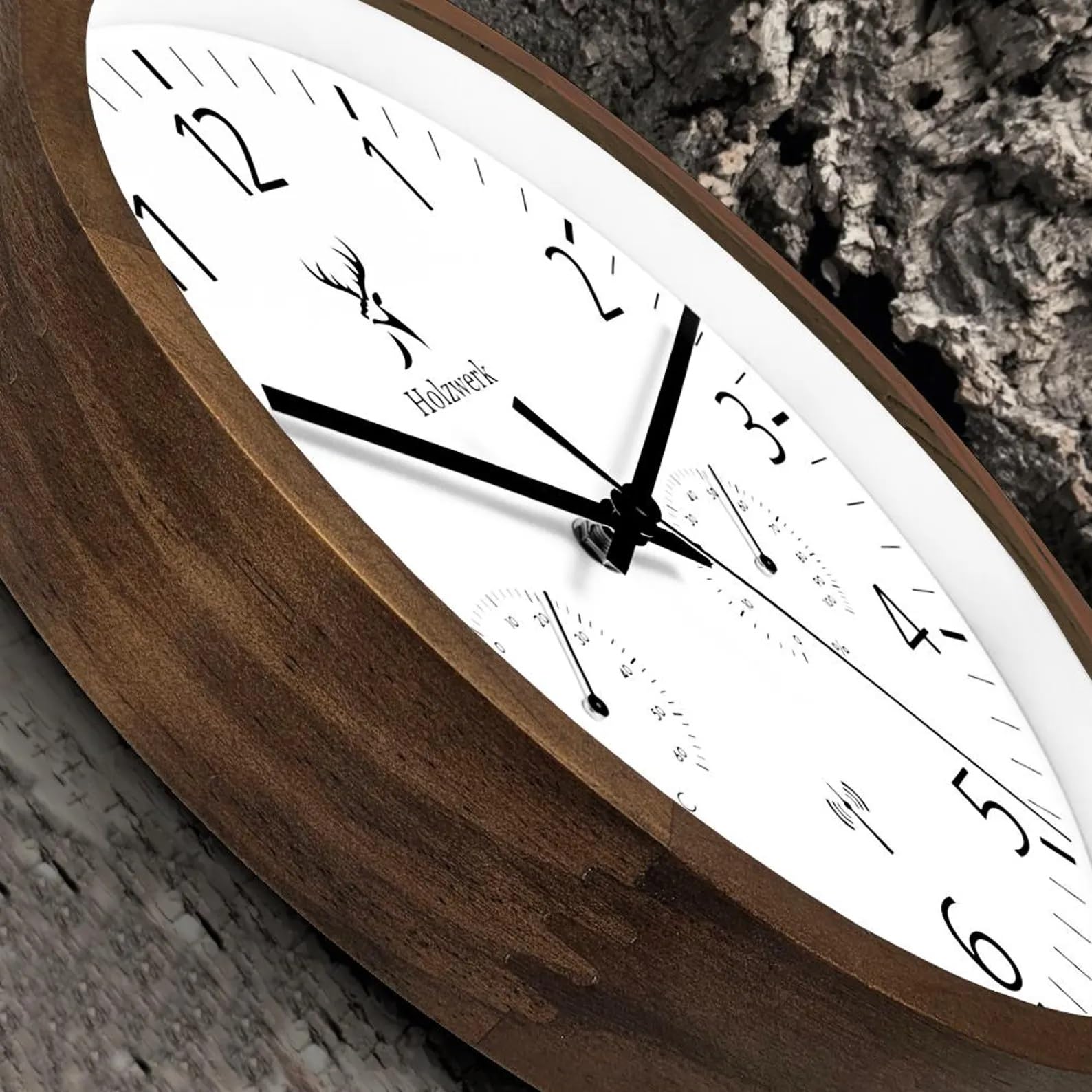 Holzwerk WEGBERG - Orologio da parete radiocomandato con indicatore di temperatura e igrometro Umidità, termometro, orologio in legno, movimento silenzioso, senza ticchettio, marrone, bianco, in legno