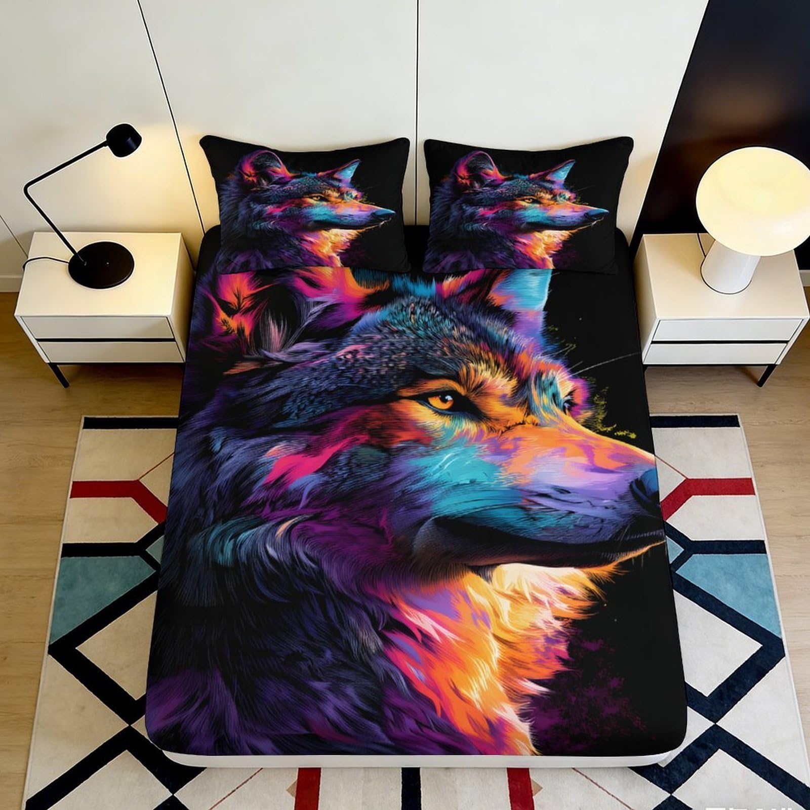 Zfldkwgb Style-10 3D Printed Colorful Wolf Fitted Sheet Microfiber Soft Breathable Abstract Animal Bed Cover For Bedroom Dorm Decor 90X200x25cm
