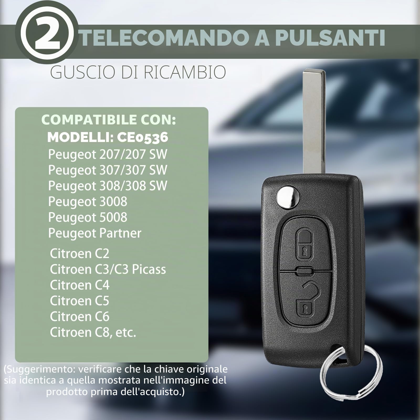 Custodia Chiave Auto CE0536 Compatibile Peugeot 207 307 308 SW 3008 5008 Partner Citroen C3 C2 C4 C5 C6 C8 Telecomando 2 Pulsanti Pieghevole