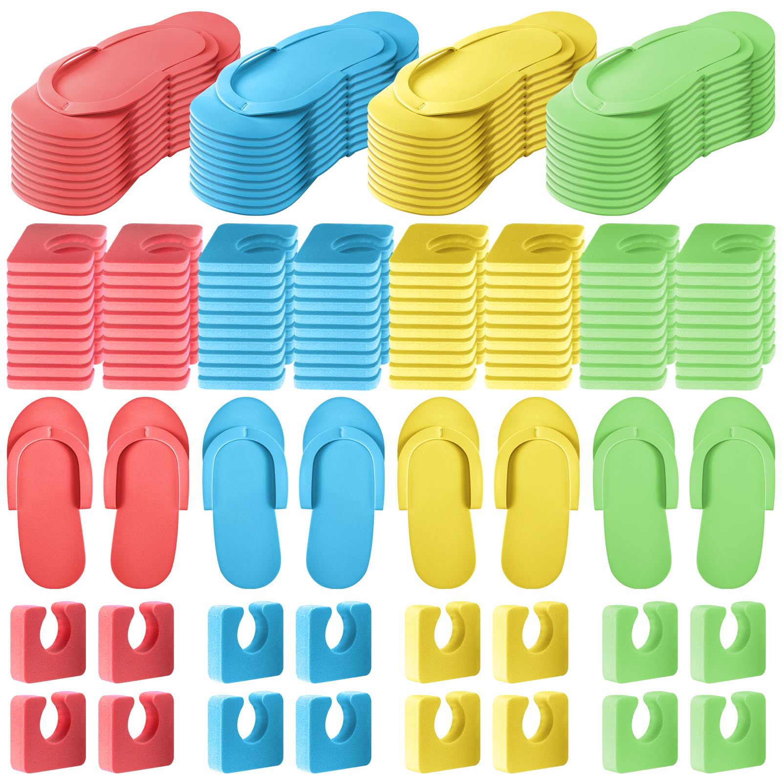 Photo 1 of Suhine 120 Pairs Disposable Pedicure Slippers and Toe Separators Kit 40 Pairs Disposable Foam Flip Flops 80 Toe Separators for Women Nail Hotel Salon Spa Party(Red, Blue, Yellow, Green)