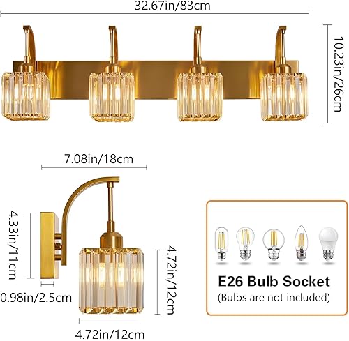 Miniatura 4 de Luces de tocador de cristal de 4 luces doradas para baño, modernas lámparas de baño de cristal sobre espejo de 32.67 pulgadas de largo para baño