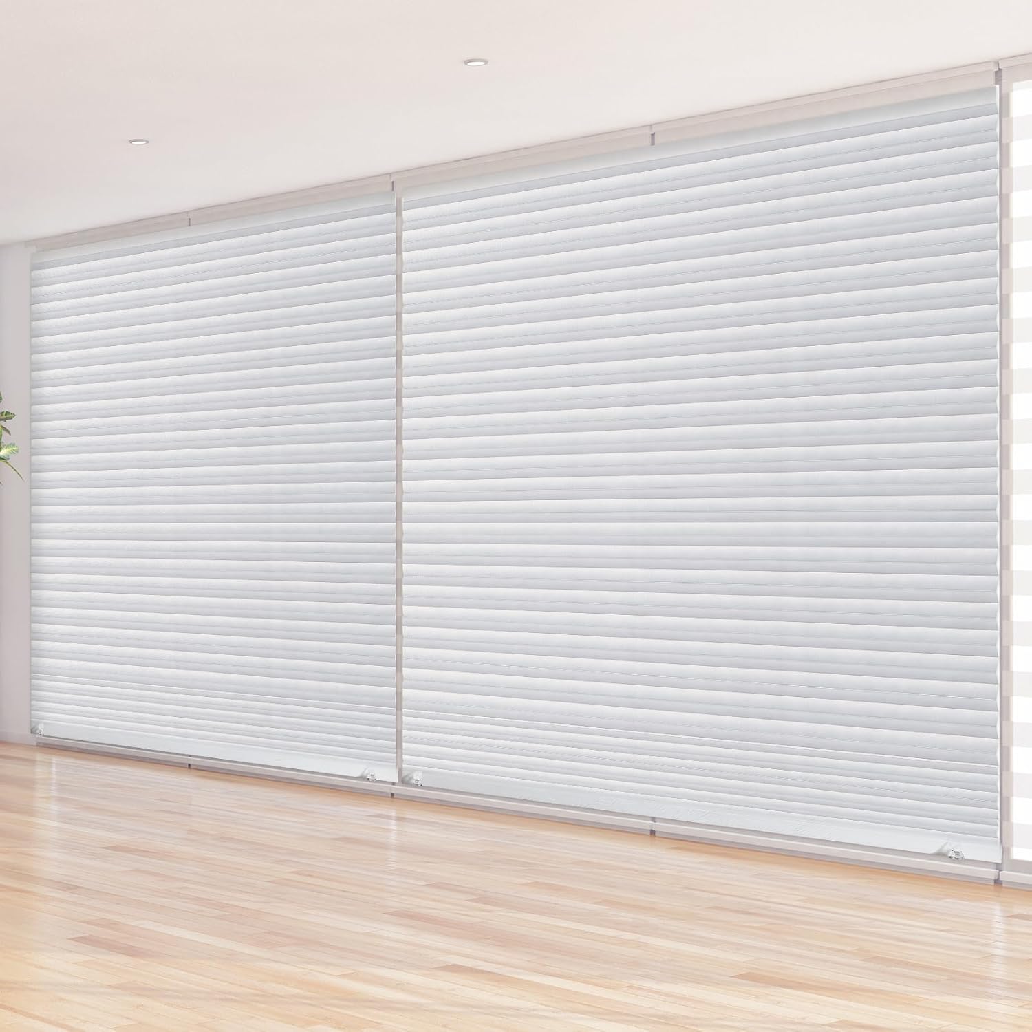 Threehoney 2 Pcs 48 x 110 Inches Temporary Blinds Cordless No Drill Cut to Size White Fabric Paper Shades Adhesive Privacy Blind for French Door Sliding Door Window Light Filtering Pleated Shade