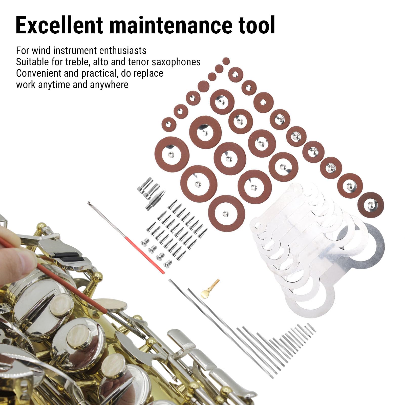 Fafeicy Kit D'entretien de Saxophone, 85 Pièces, Outils de Réparation D'instruments à Vent Alto, Ensemble de Pièces de Rechange avec Composants en Cuir