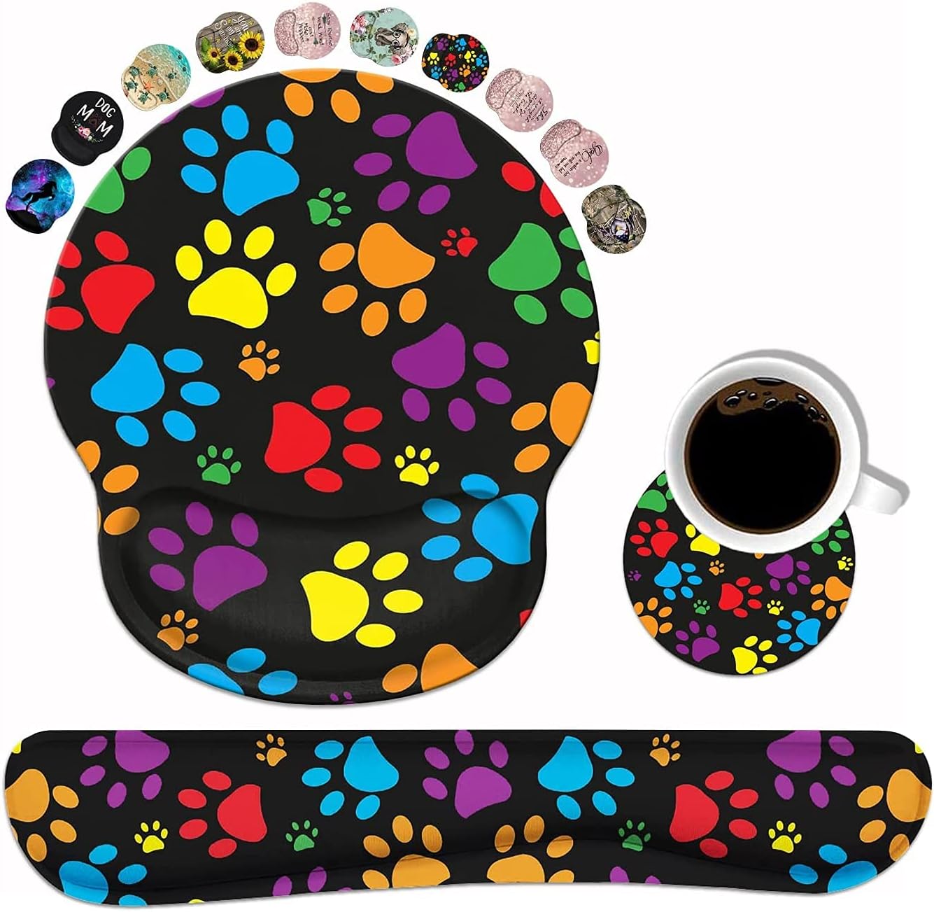 Keyboard Wrist Rest and Mouse Wrist Rest Pad Set with Coasters, Non-Slip Rubber Base Ergonomic Gaming Mousepad for Home Office Working Studying Easy Typing & Pain Relief, Multicolor Dog Paws