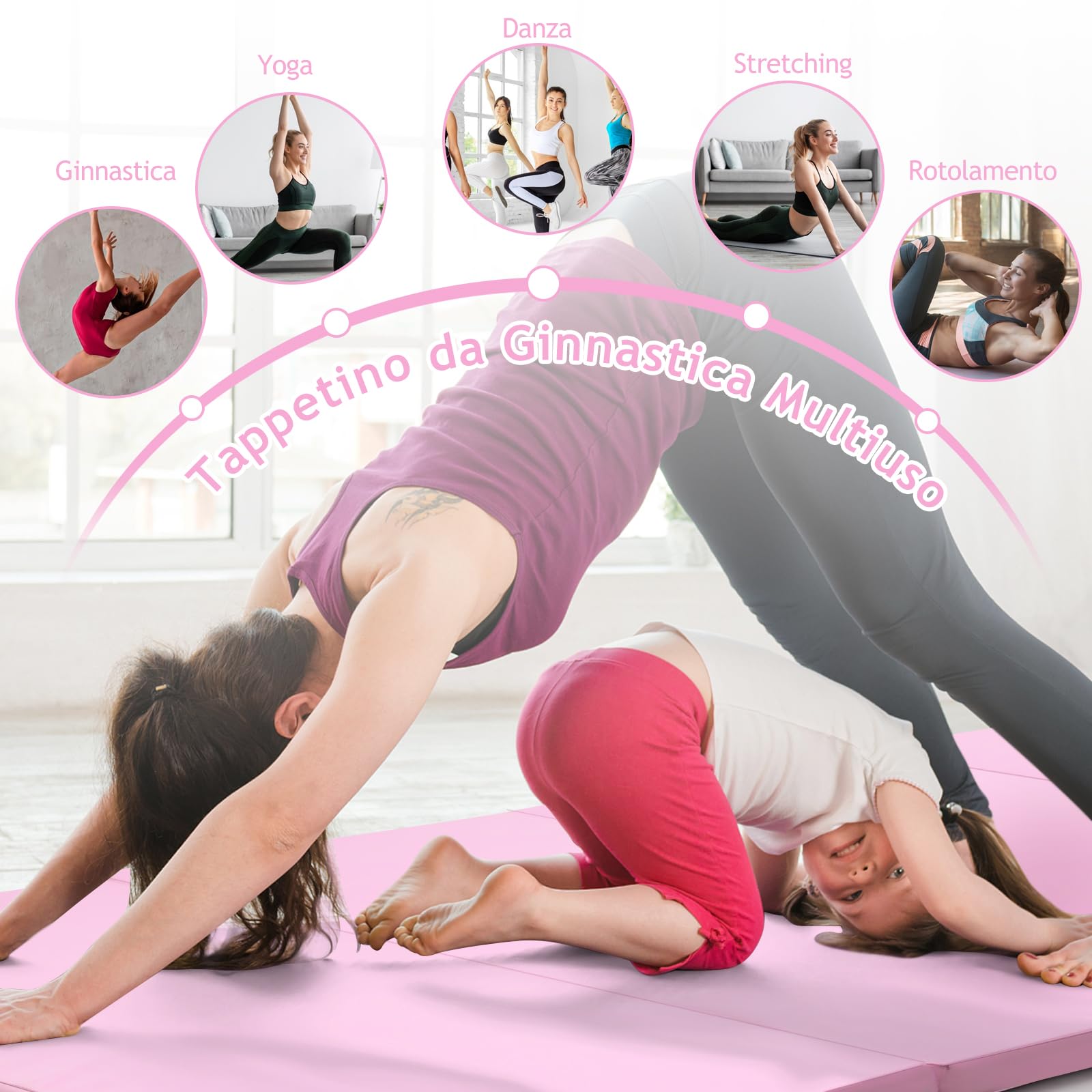 GYMAX Tappetino Fitness Yoga, 240x120x5 cm, 4 Segmenti Pieghevoli, Materassino da Ginnastica, Impermeabile in Schiuma PU, con Manici, Leggero e Portabile, Trasporto Facile