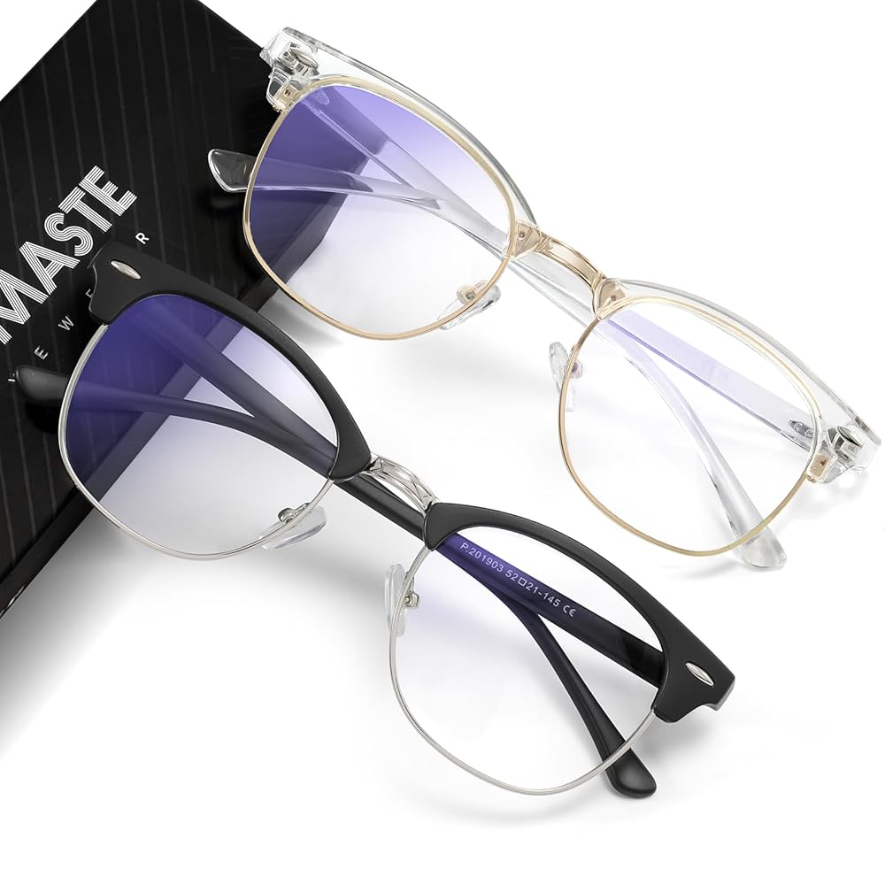 AOMASTE Blue Light Blocking Glasses Vintage Half Frame UV Clear Lens Anti Eyestrain Computer Gaming Glasses for Women Men(P56)