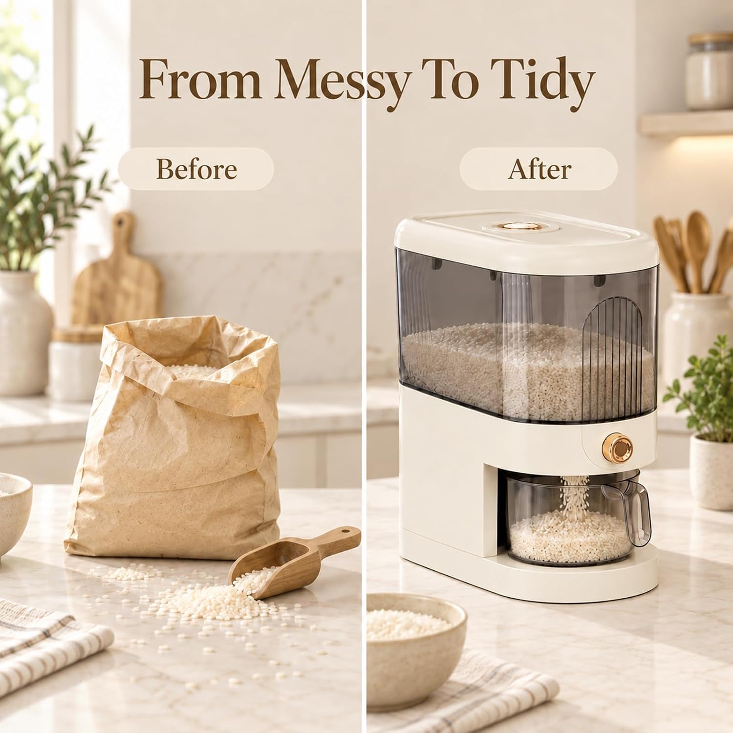 Varku Rice Container, Grain Storage Box with Measuring Cup, Press Button Dispenser, Clear Plastic Holder for Flour Beans Cereal, Pantry Kitchen