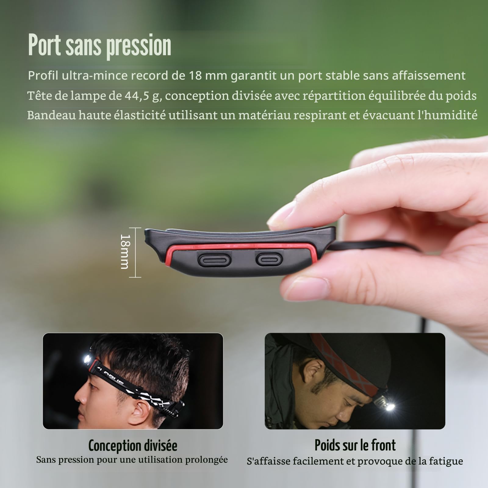 KLARUS HM5 800 lumens Lampe frontale de trail ultra fine et légère avec lumière rouge, double interrupteur, 105 heures, LED étanche IPX6 pour la course, le camping, la randonnée, la chasse