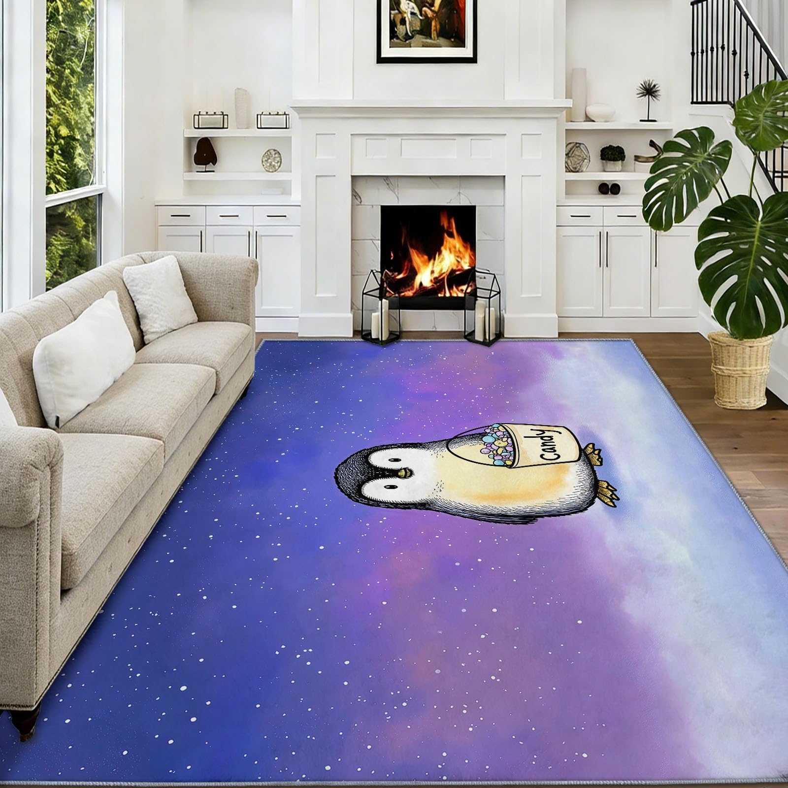 Alfombra lavable con diseño de animales de dibujos animados, diseño de pingüino, 120 x 170 cm, suave, antideslizante, lavable, fácil de limpiar, para habitación de los niños, cocina