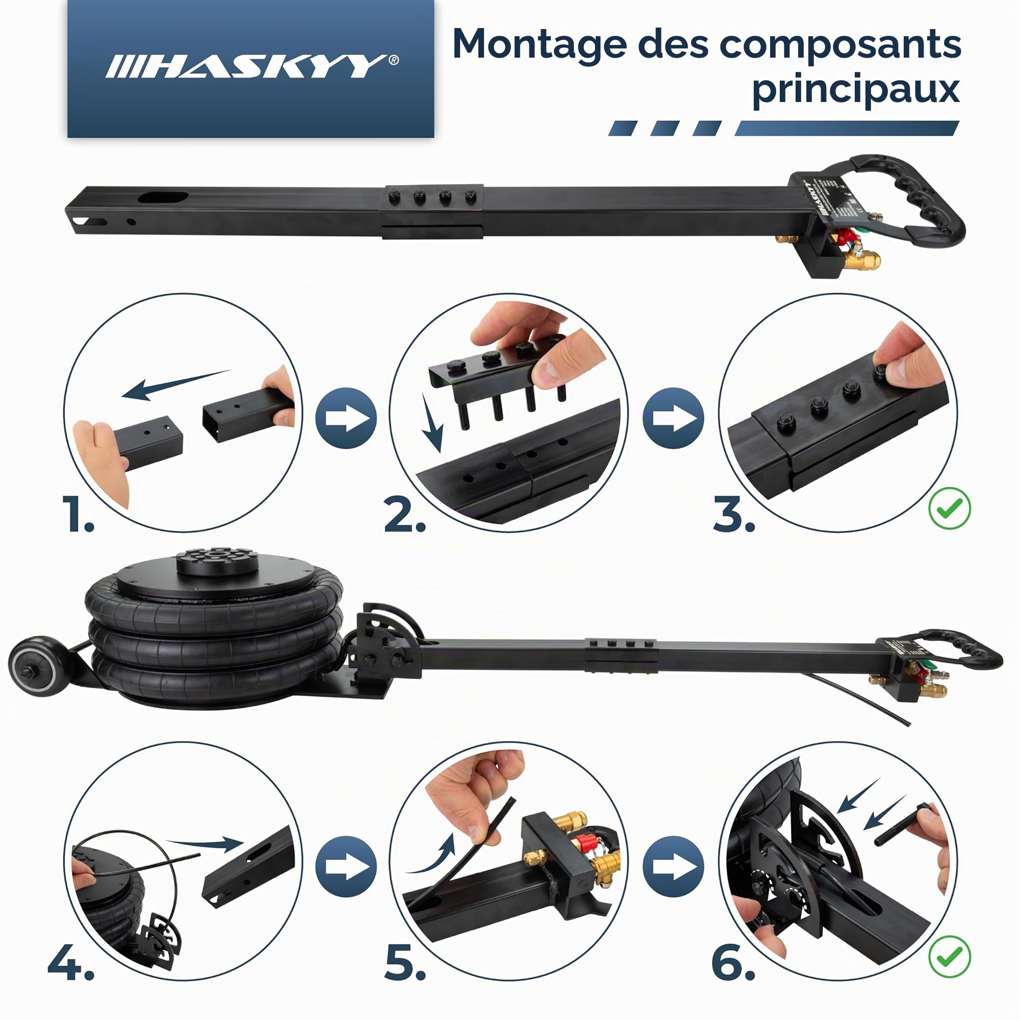 HASKYY Cric pneumatique 5T Hauteur de levage 150-400mm Cric à air triple sac airbag Cric pneumatique Cric à air 5 tonnes