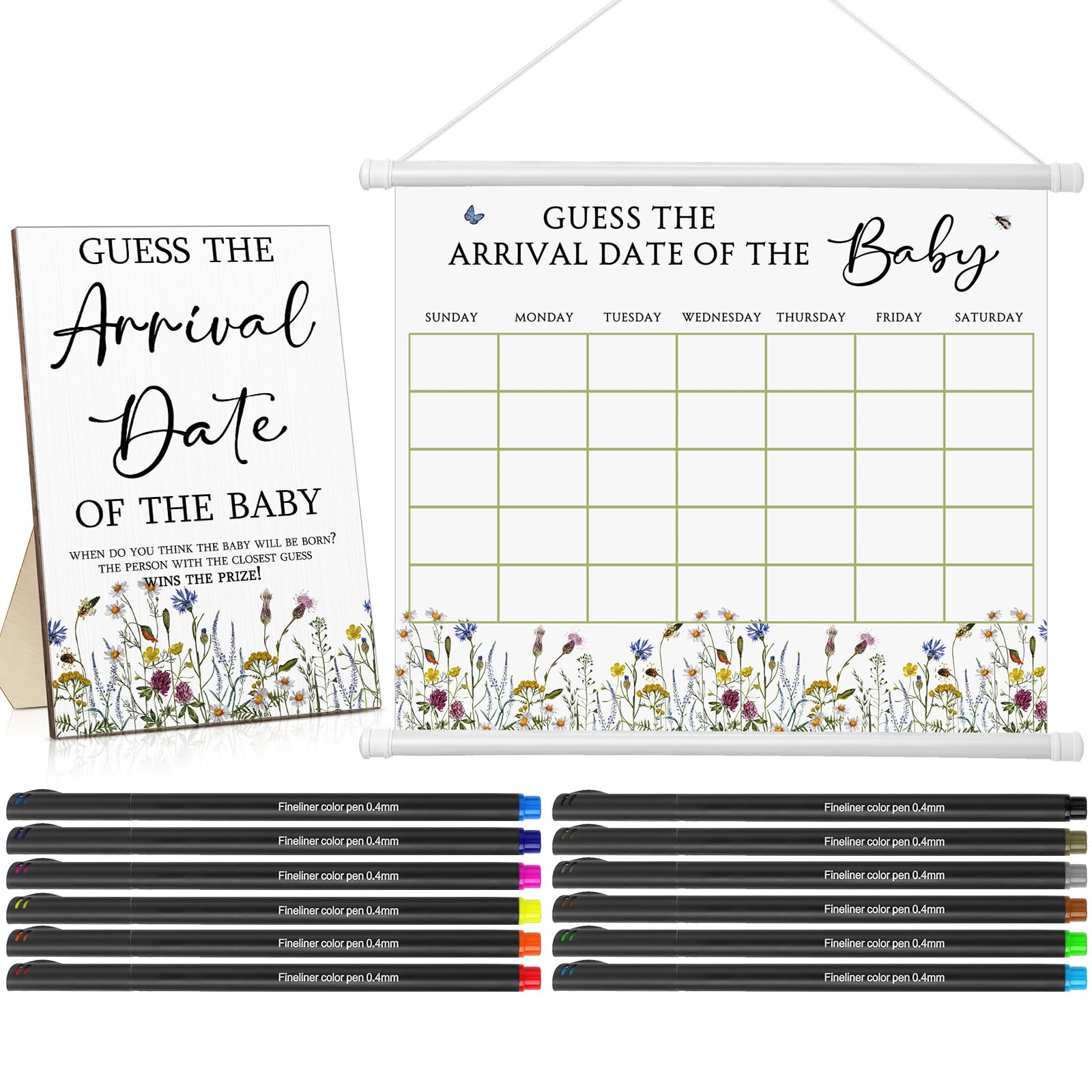 Sintuff Baby Shower Guess Due Date Calendar Include 1 Pcs Guess The Arrival Date of The Baby Shower Wooden Sign 1 Prediction Calendar 12 Fineliner