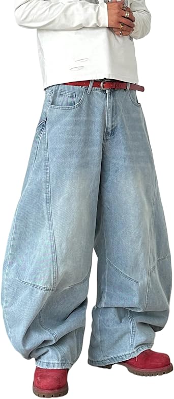 Mens Baggy Jeans Mid Waist Y2k Hip Hop Denim Pants Irregular Sutures Casual Wide Leg Long Trousers