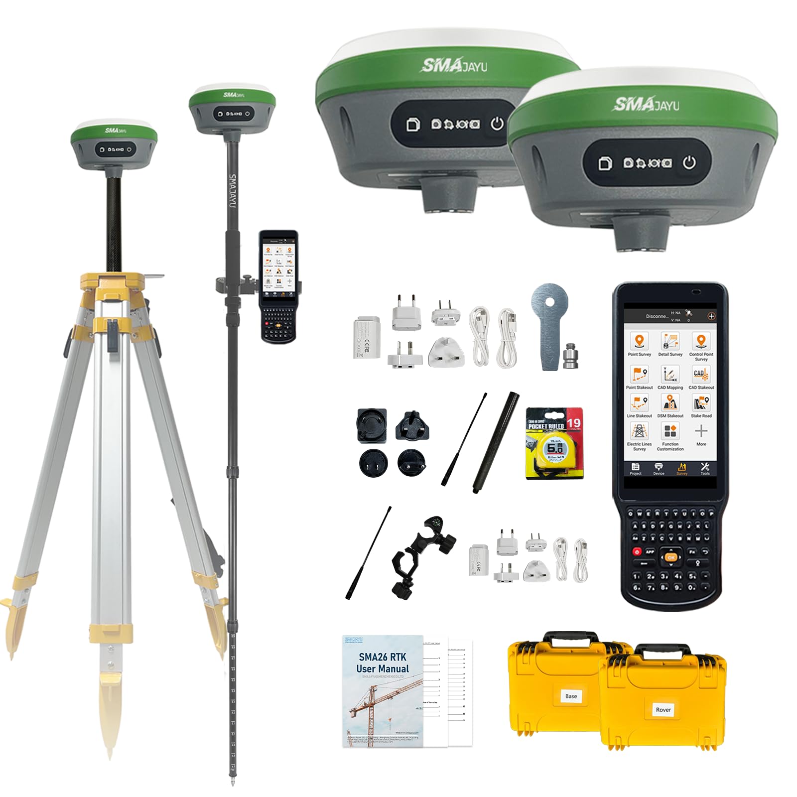 SMAJAYU SMA26 GNSS IMU RTK GPS Surveying Equipment Rover Base Handheld Collector and Survey Software, NOAA certificated, 1408 Channels, 1cm Accuracy, 5km Distance(exclude tripod&pole)