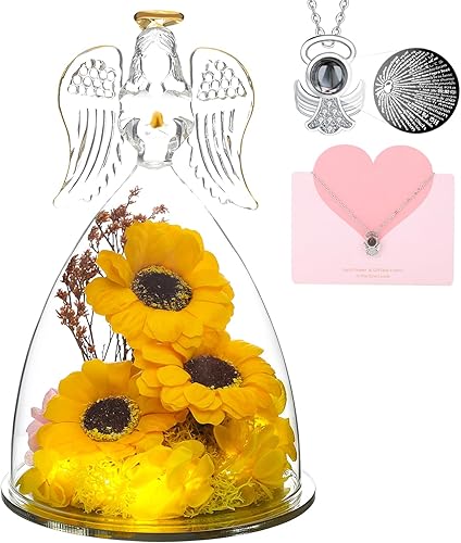 Regalos de Girasol de Navidad para Mujeres, Regalos de Girasoles para Mamá Figuritas de Ángeles Ramo de Girasol con Collar, Girasoles Iluminados en