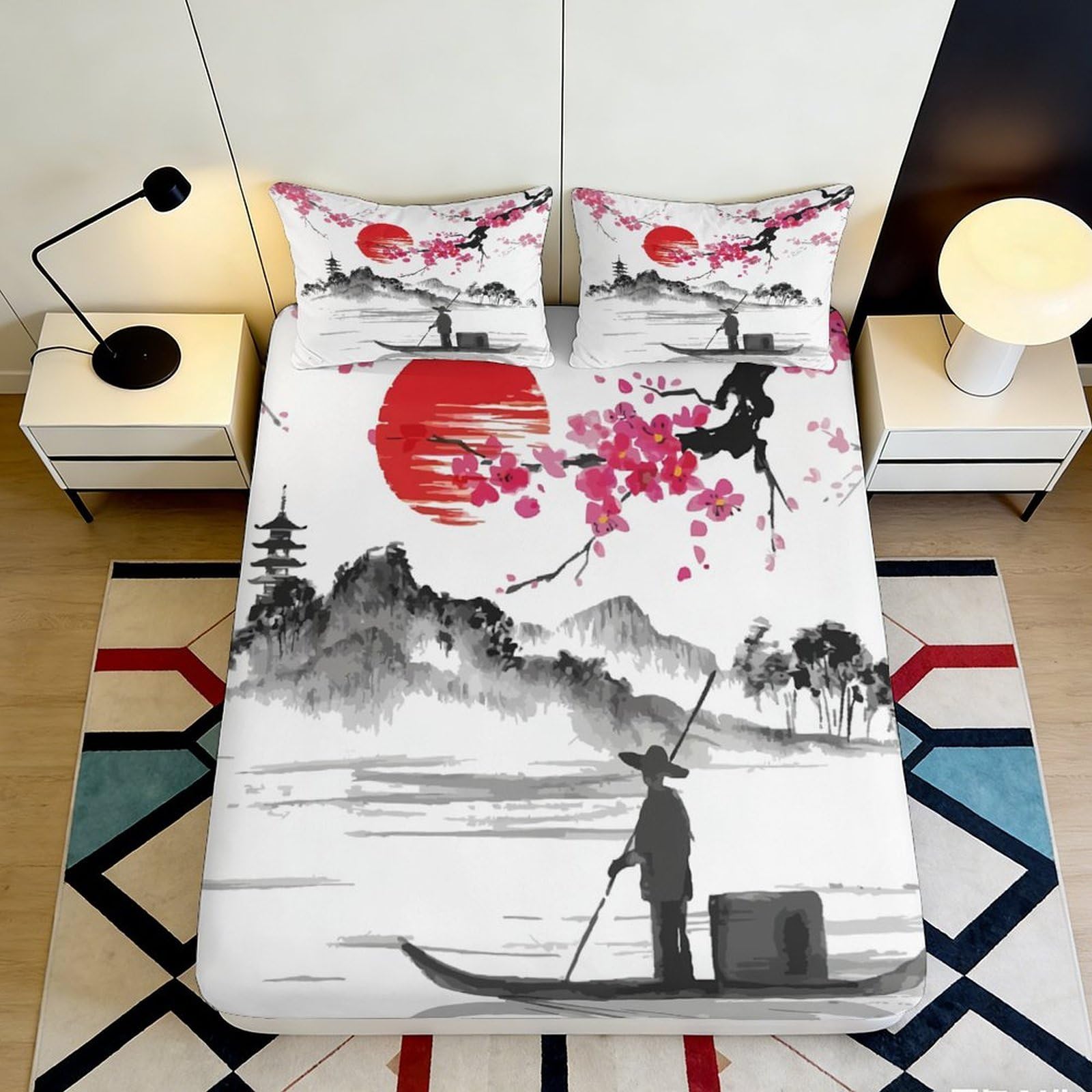 3D Printed Japanese Ink Painting Fitted Sheet Microfiber Cherry Blossom Sunrise Mattress Cover Bedroom Decor 180x200x25cm