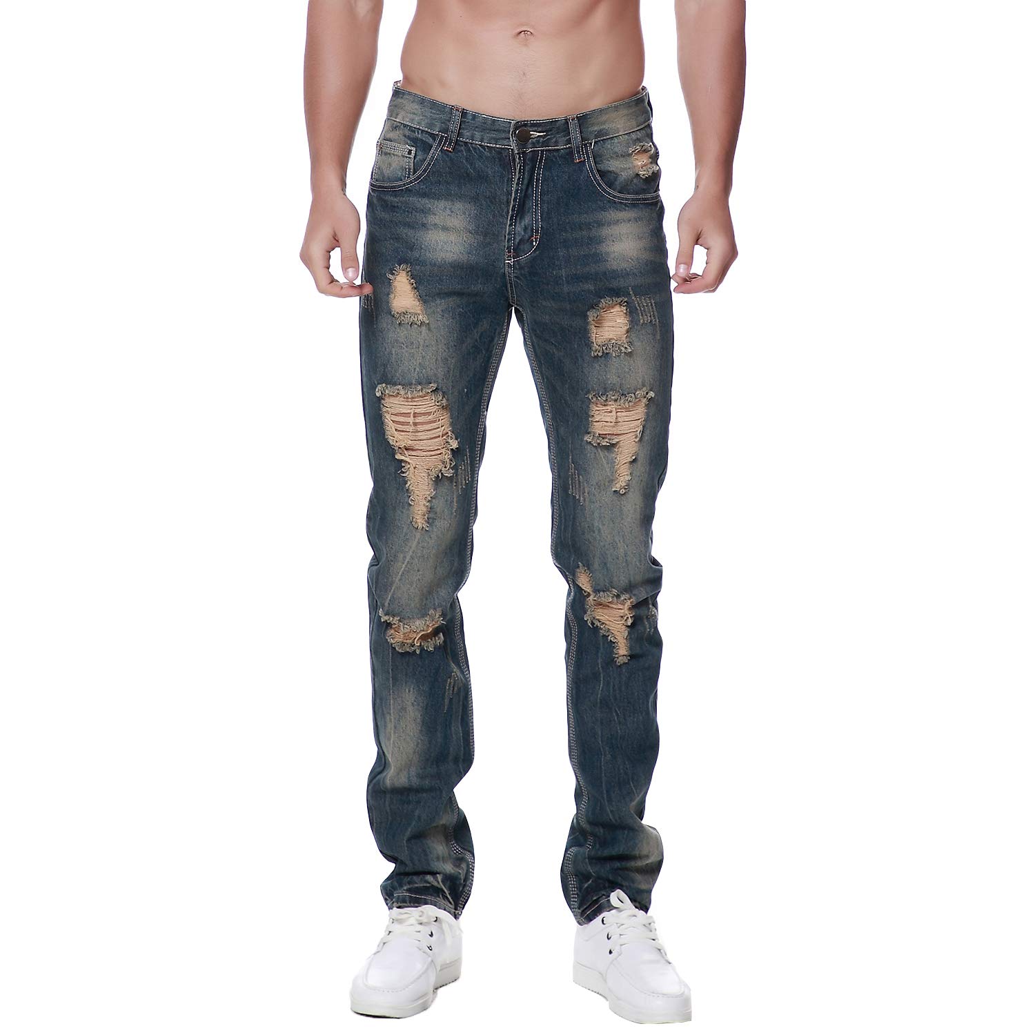 Men's Ripped Jeans Straight Skinny Distressed Destroyed Biker Moto Demin Pants