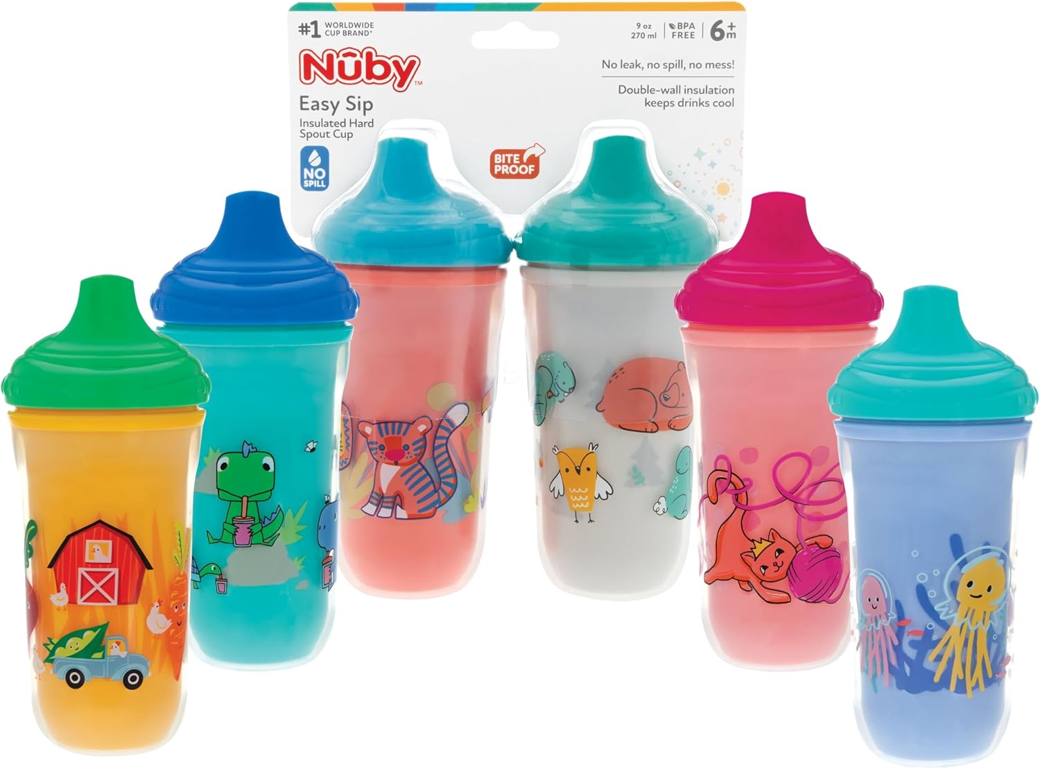 Nuby No-Spill Insulated Hard Spout 9 oz Cup, Colors/Prints May Vary,2 Count (Pack of 1)