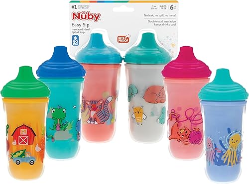 Nuby No-Spill Insulated Hard Spout 9 oz Cup, Colors/Prints May Vary,2 Count (Pack of 1)