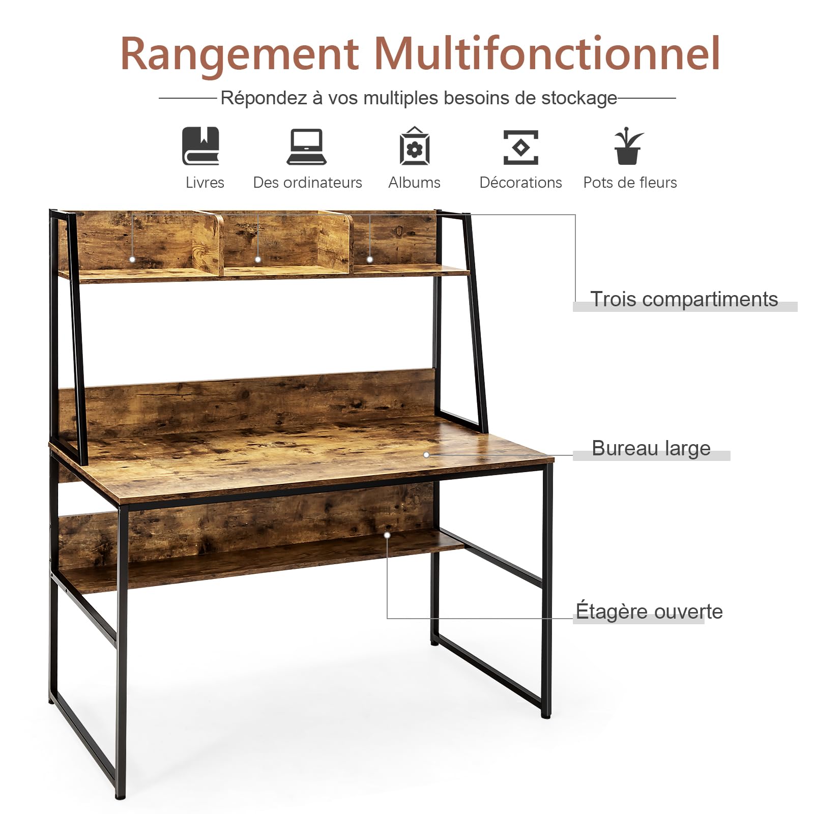 GYMAX Mesa de trabajo para ordenador, con estantería y 3 compartimentos, escritorio con amplia superficie de trabajo y patas ajustables, mesa de oficina para el hogar, ahorra espacio, 120 x 57 x 140