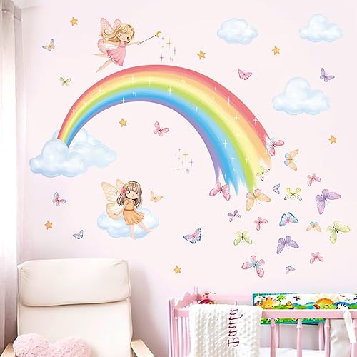 Miniatura 3 de decalmile Calcomanías de pared de arco iris, diseño de hada de mariposa, color rosa, calcomanías de pared para dormitorio de niñas, guardería, sala