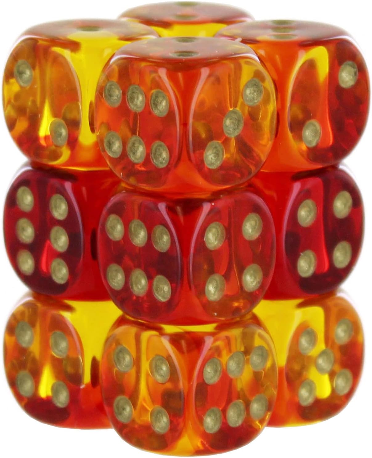 Gemini Dice Block | Set of 12 Size D6 Dice Designed for Board Games, Roleplaying Games and Miniature Games | Premium Quality 16 mm Dice | Translucent Red, Yellow and Gold Color | Made by Chessex