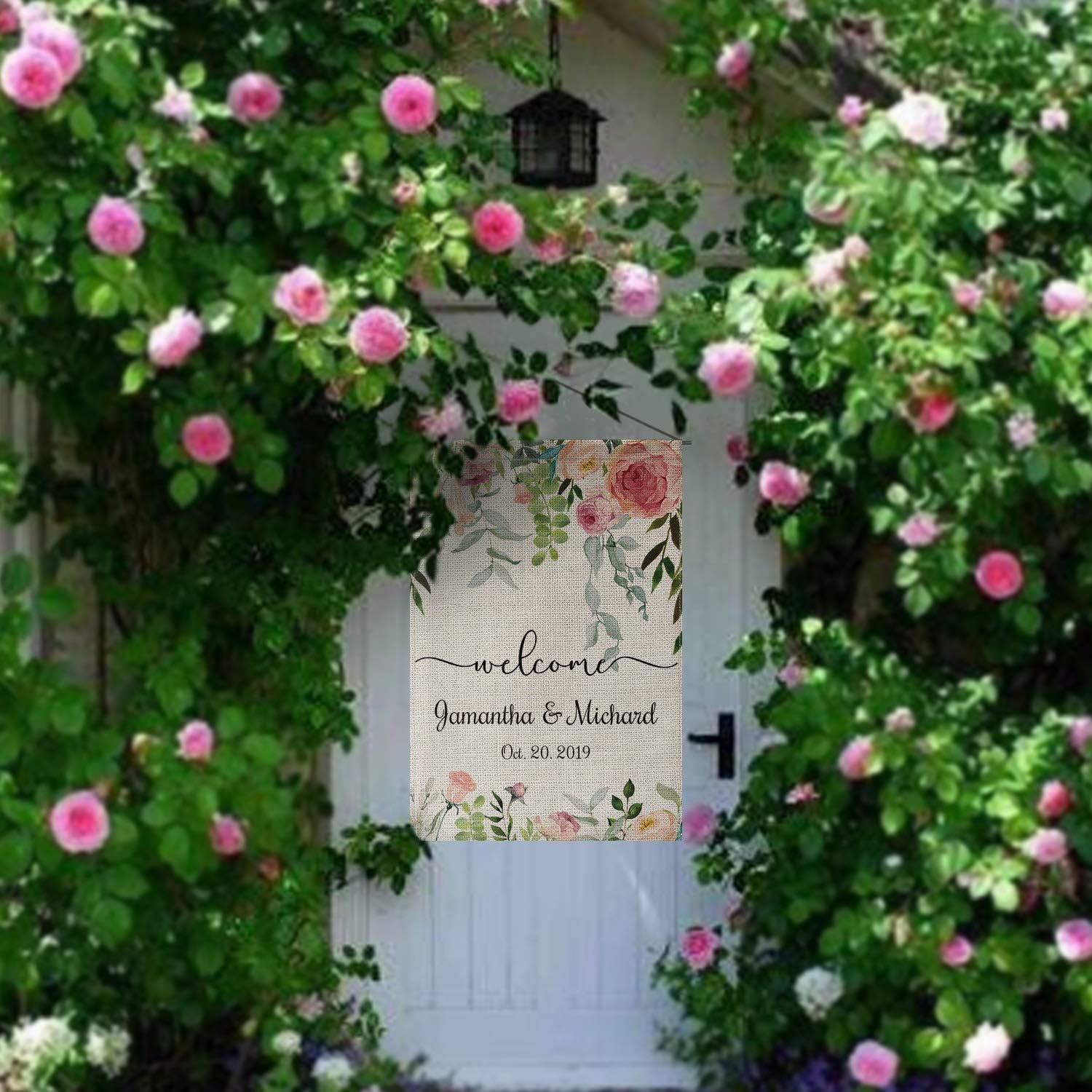 SMILE Personalized Wedding Memorial Anniversary Garden Flag, Valentine Customized Name And Date Flower Wreath. (Red, 28"40")