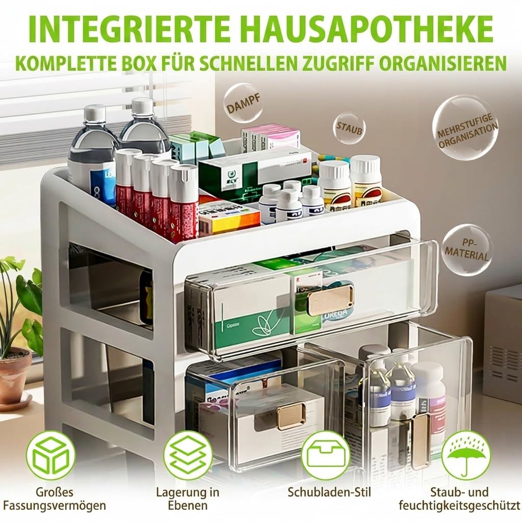 Armadio della medicina domestica, cassetto a 4 livelli, contenitore per medicinali, grande per uso domestico e ufficio