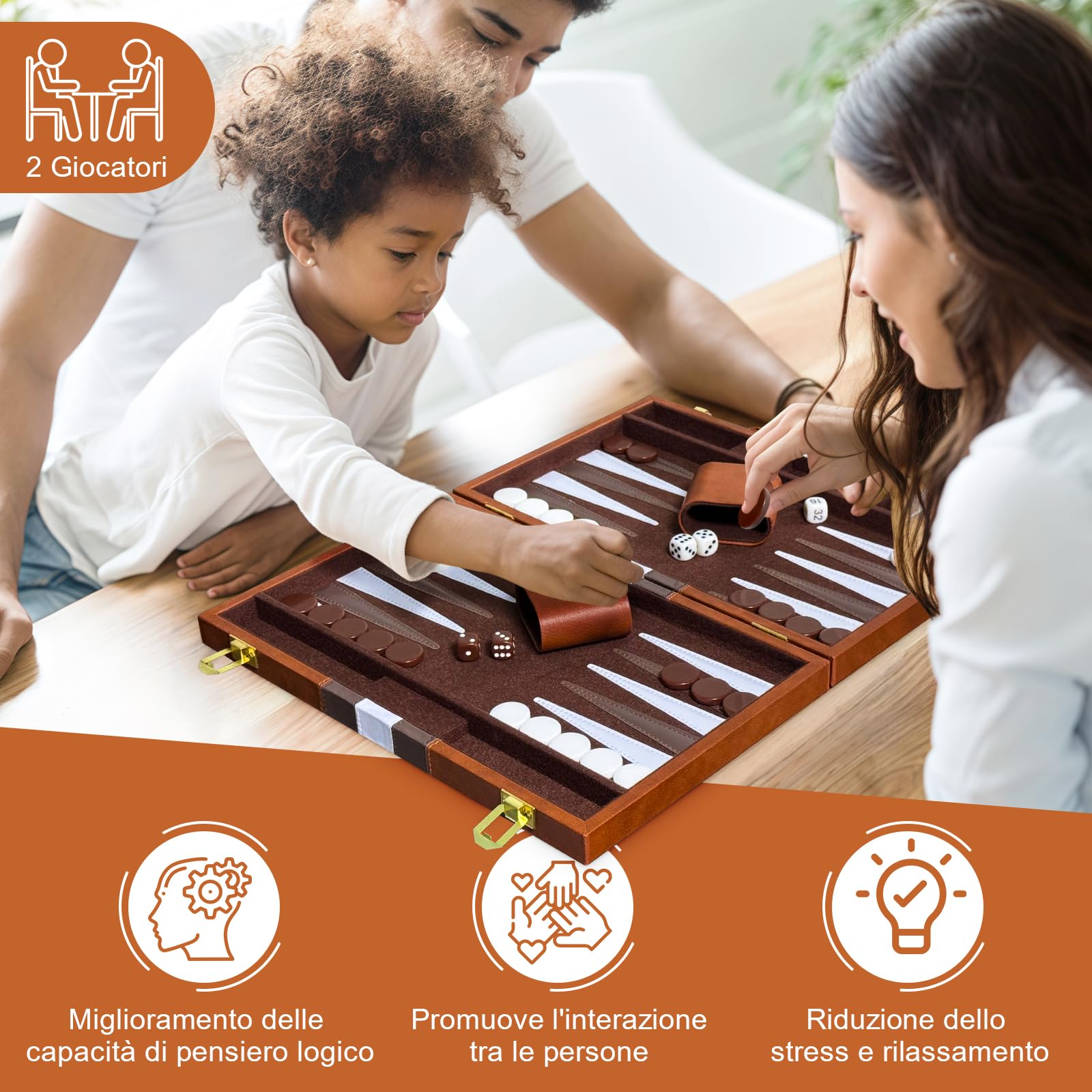 Set Backgammon, Set di Backgammon Classico per 2 Giocatori, Gioco di Strategia da Viaggio Portatile (18 pollici, Marrone)