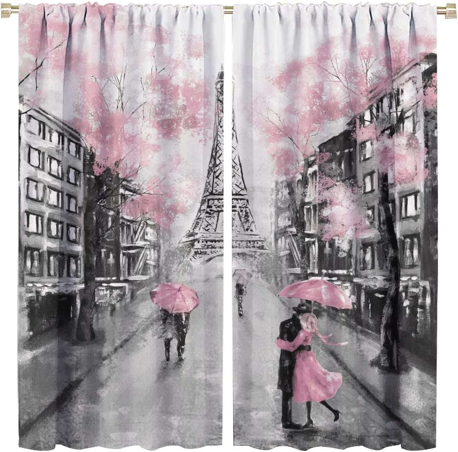 Paris Eiffel Tower Curtain Oil Painting European France City Landscape Modern Couple Black Pink Tree Home Decor Waterproof Fabric Bedroom Bathroom Living Room 2 Panels 42×45 Inch