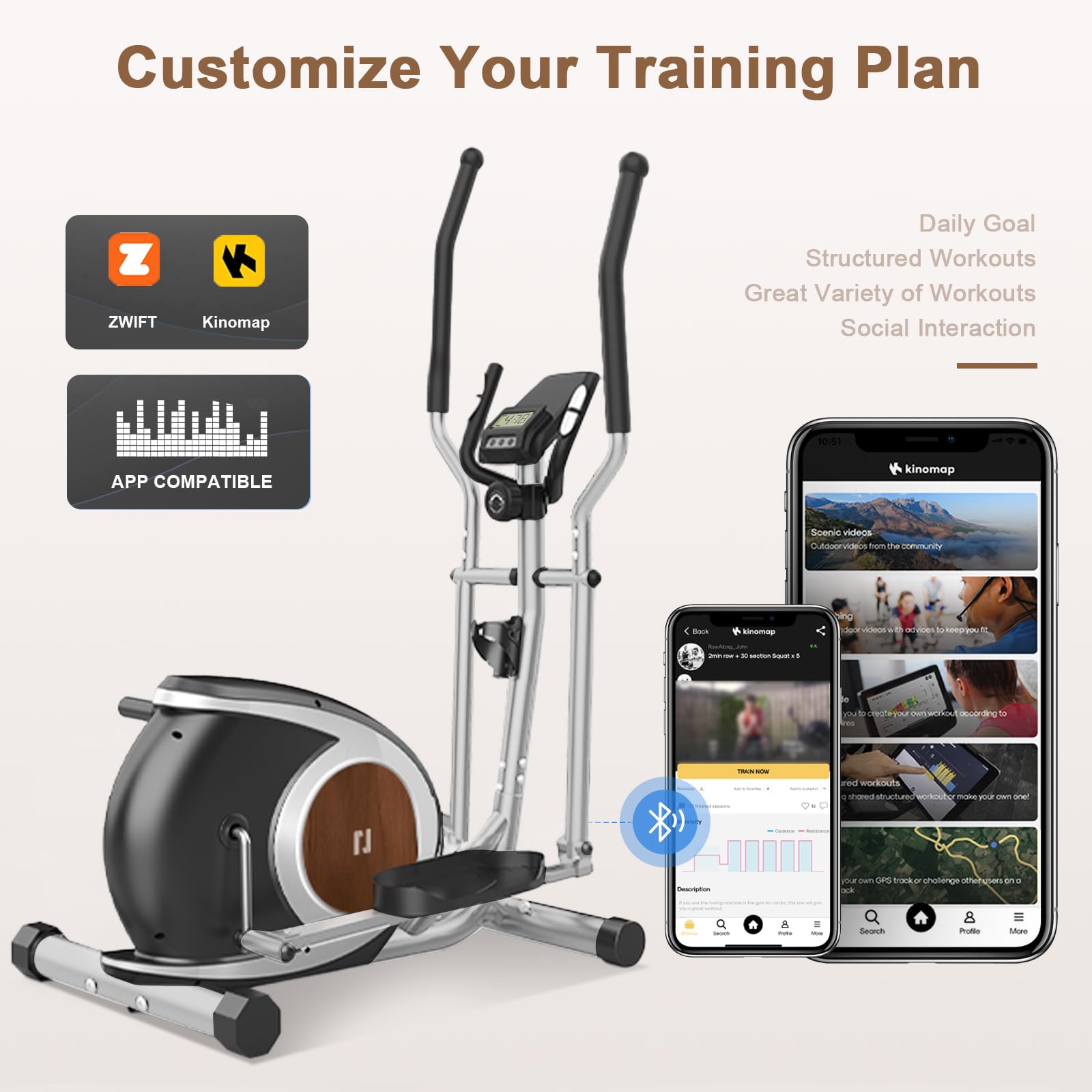 Bicicleta Eliptica para Casa, Máquina Elíptica Magnética con App Bluetooth Inteligente, 16 Niveles de Resistencia, Monitor LCD, Escalador Elíptico para Ejercicios De Fitness En El Hogar