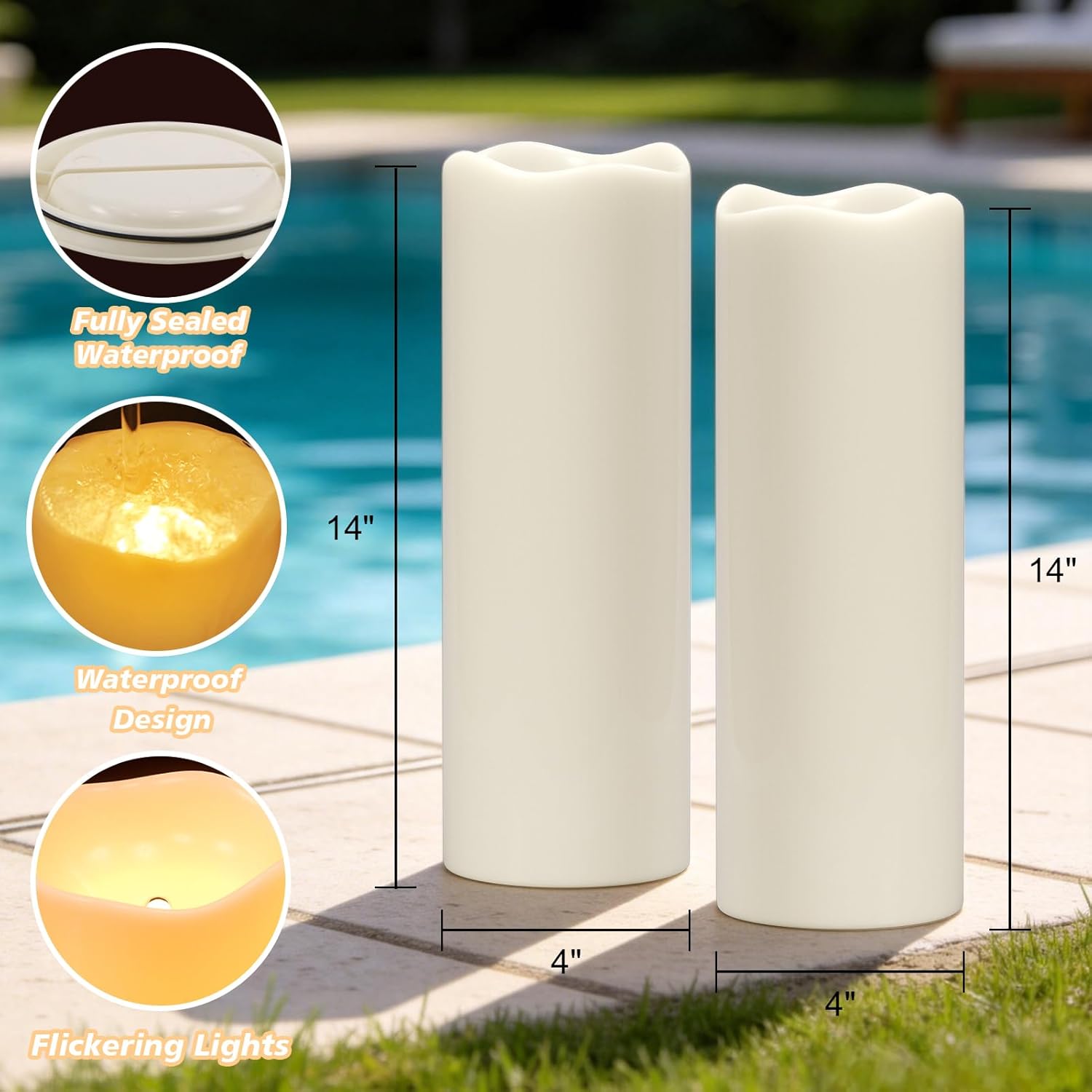 Eldnacele Large Outdoor Solar Flameless Candles Waterproof, 4" x 14", Solar Powered Dusk to Dawn Plastic LED Flickering Pillar Candles for Garden Patio Lanterns Wedding Holiday Decor(2 Pack White)