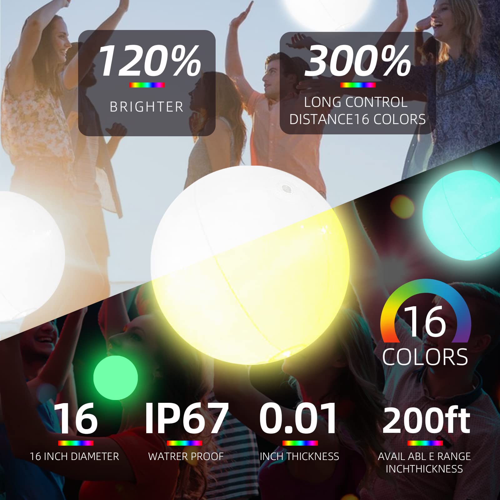 AEROQUEST Light up Beach Ball,Inflatable Pool Toys with LED Lights,16 Colors Lights and 4 Modes,Outdoor Pool Beach Party Games for Kids Adults(2 Pcs)