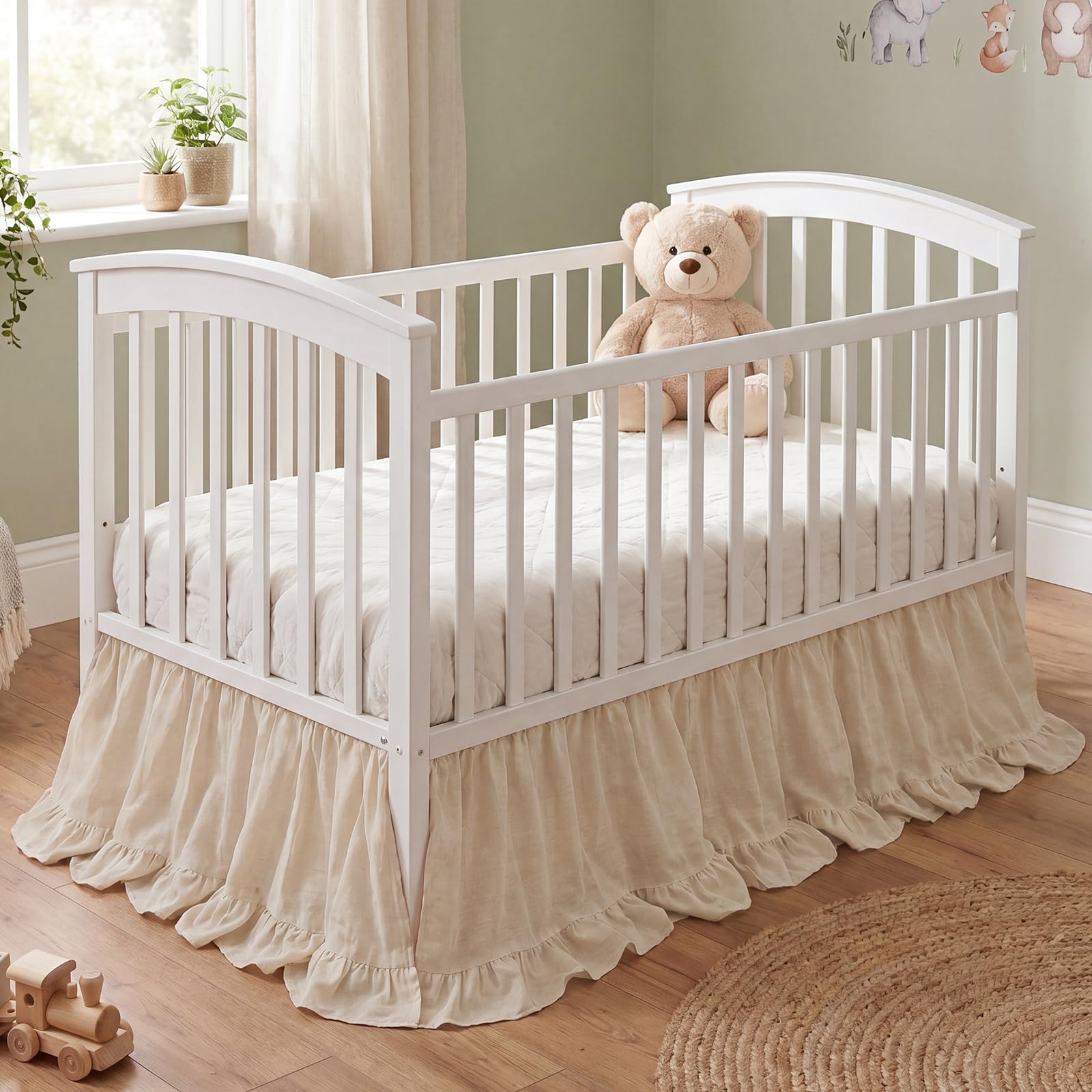 Hahafelt Beige Crib Skirt for Baby Girls Boys, 100% Washed Cotton Bed Skirt