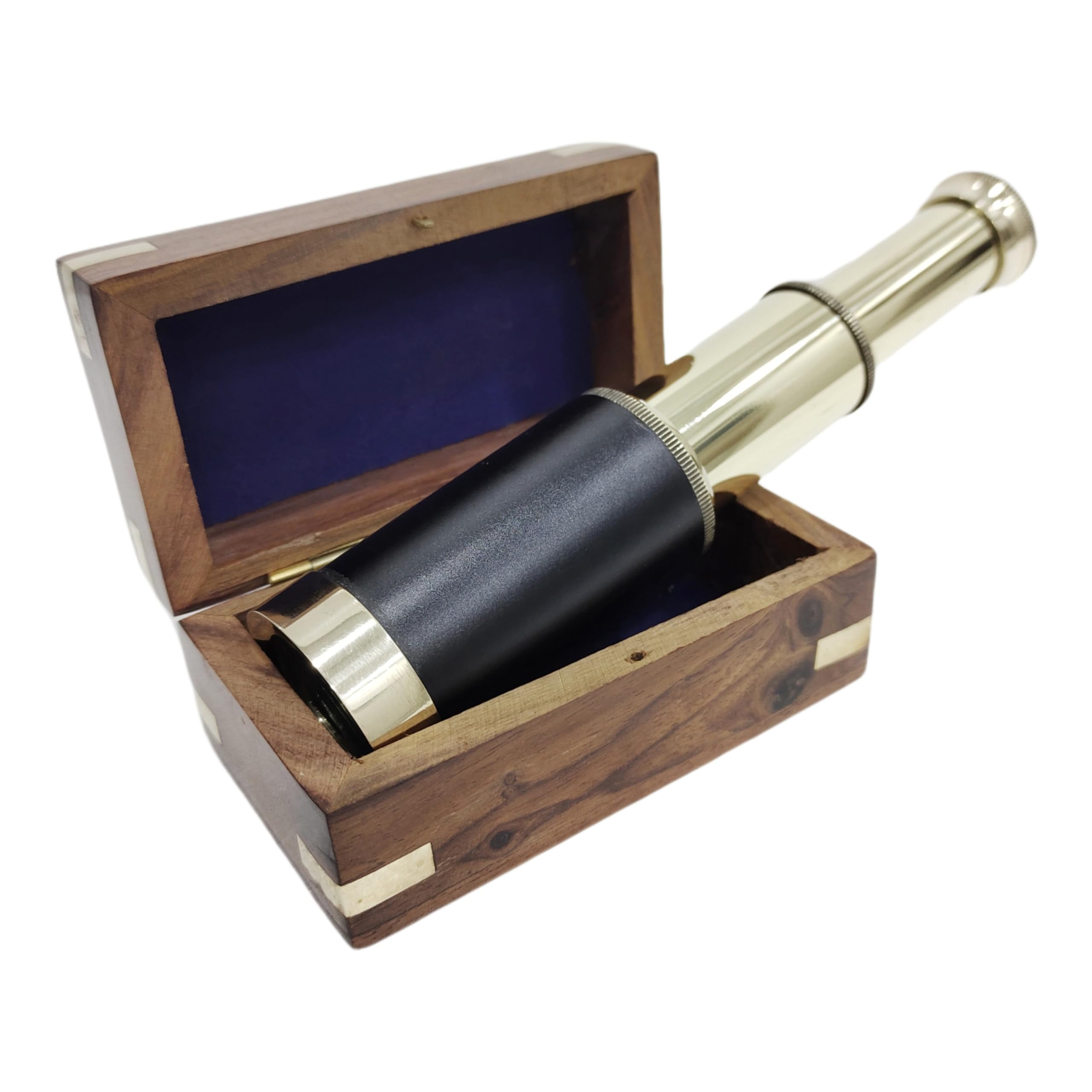 Vintage 6'' Handheld Functional Brass Telescope with Wooden Box Pirate Spyglass for Travellers, Adventure Enthusiasts Sailor Ship Home Decor