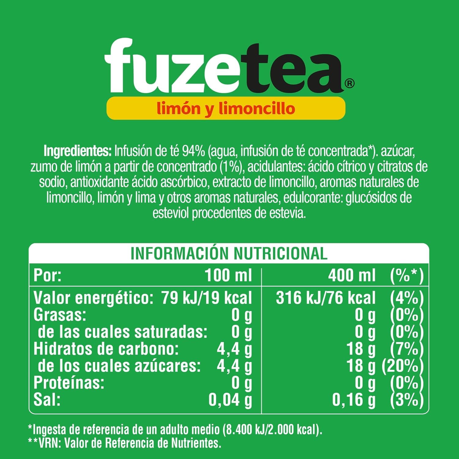 Fuze Tea Limón & Limoncillo, Refresco de Té sin Gas, Botella de 500 ml, Pack de 24
