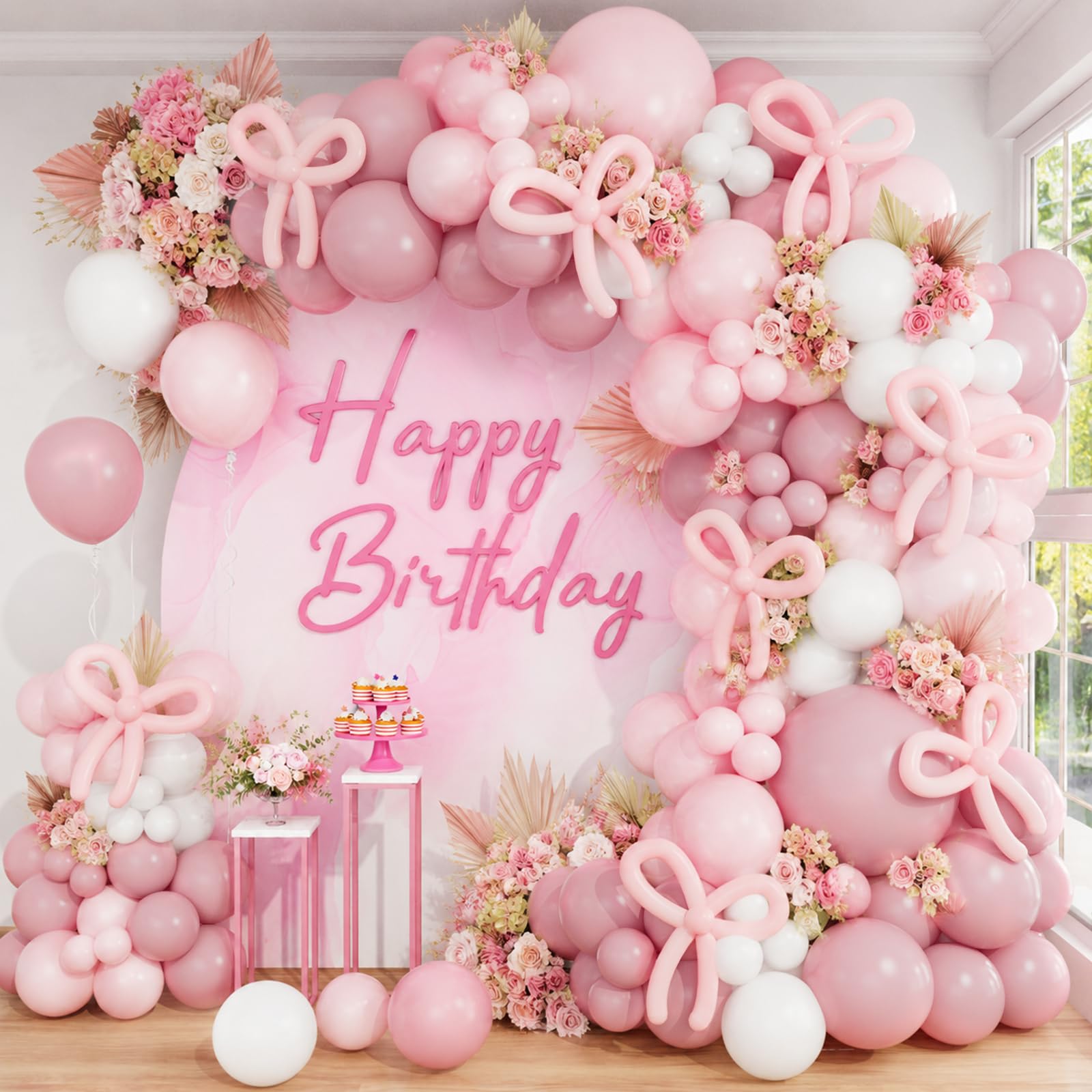 CboDeco 165Pcs Pink Bow Balloon Garland Arch Kit,Pink White Balloons for Coquette Wedding Bridal Baby Shower Birthday Valentines Day Decorations