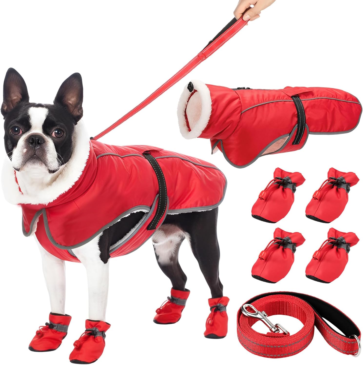 Winter Dog Coat and Snow Boots with Heavy Duty Dog Leash Waterproof Puppy Winter Jacket Cold Weather Coats Set Reflective for Small Medium Size Dogs Walking(Small)