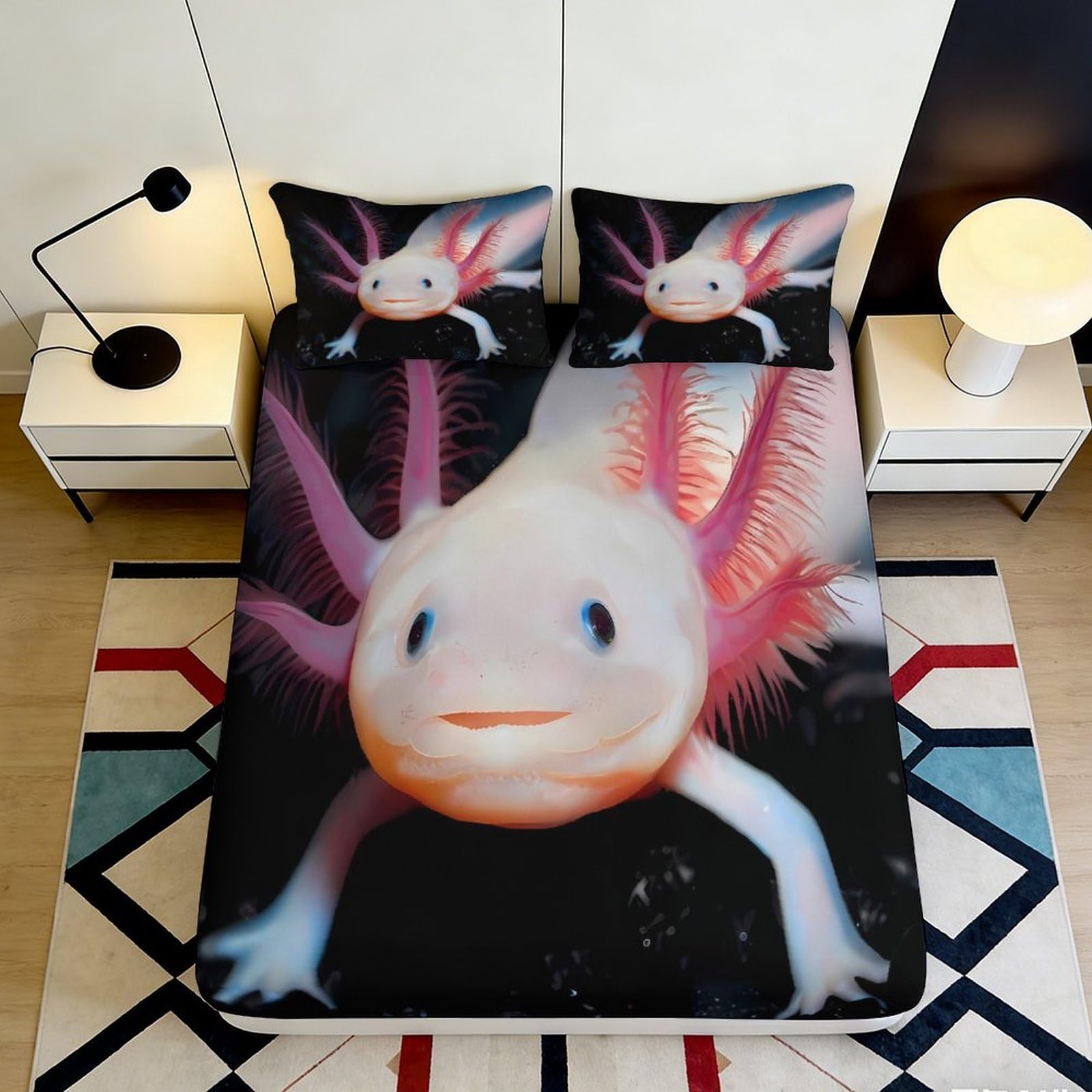 3D Printed Axolotl Cartoon Fitted Sheet Microfiber Anti-Slip Cute Animal Mattress Cover for Bedroom Guest Room Decor 90x200x25cm