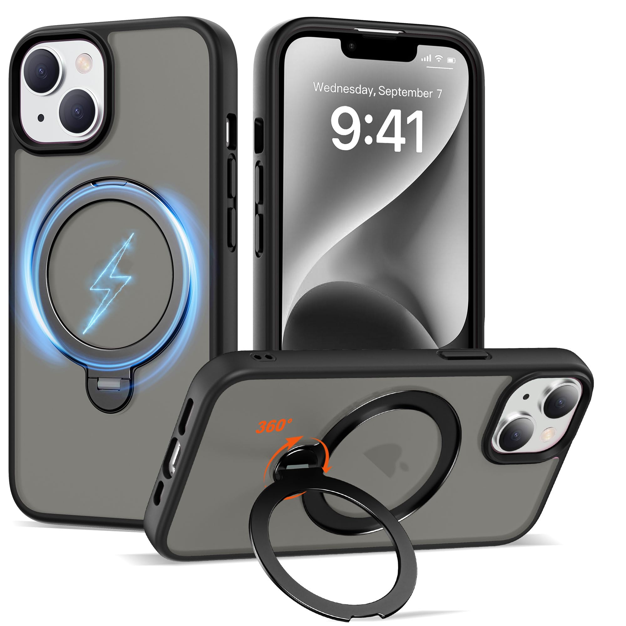 SKYLMW Compatible with iPhone 13 Case & iPhone 14 Case with 360° Spin Magnetic Ring Stand [Compatible with Mag-Safe][Military Grade Protection]