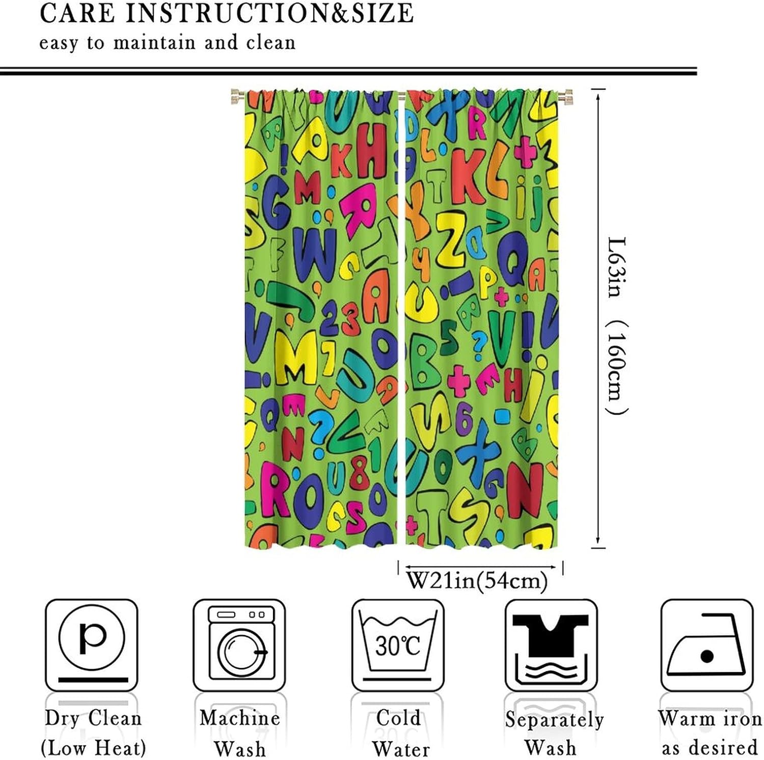 Kids Letters Curtains,Child Educational Alphabet Pattern Window Treatments for Living Room Bedroom Boys Girls Room Nursery Window Drapes 2 Panel Set Total Size 42" x 63"Green