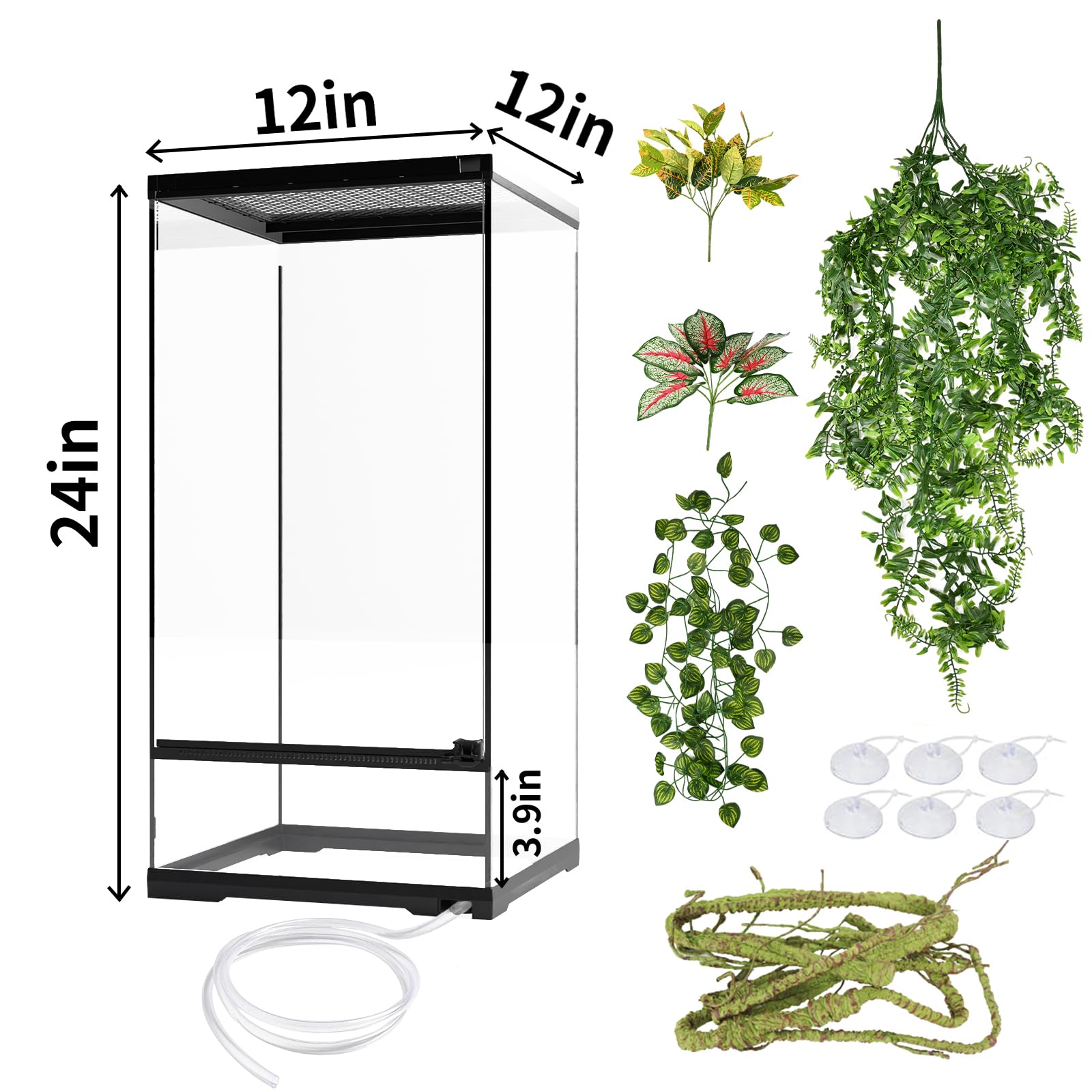 Tanque de vidrio para reptiles de 15 galones de alto de 12 x 12 x 24 pulgadas con sistema de drenaje, jaula vertical premontada para gecos arbóreos, camaleón, lagarto, rana de árbol y