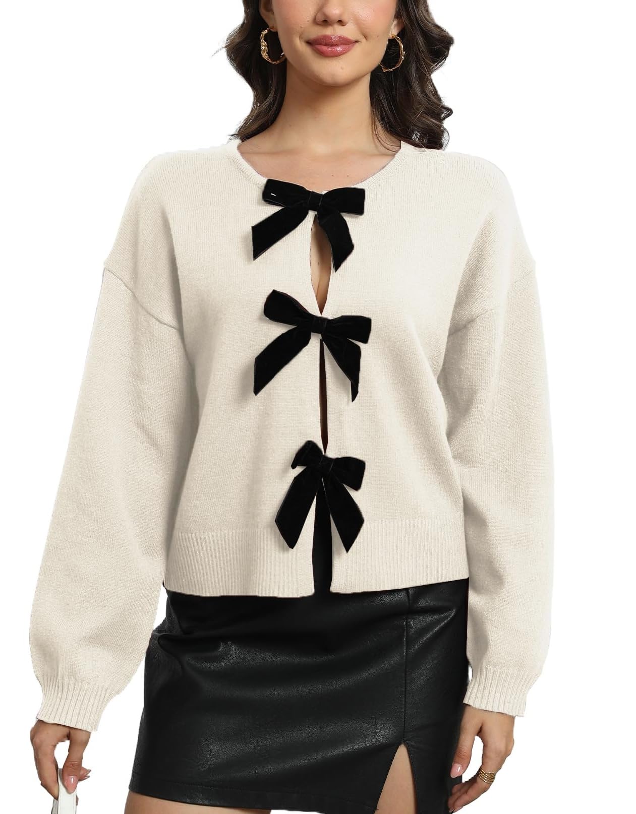 Ladyful Bow Cardigan sweaters for women Fall Trendy Long Sleeve Open Front Knit Sweater Outerwear Coats