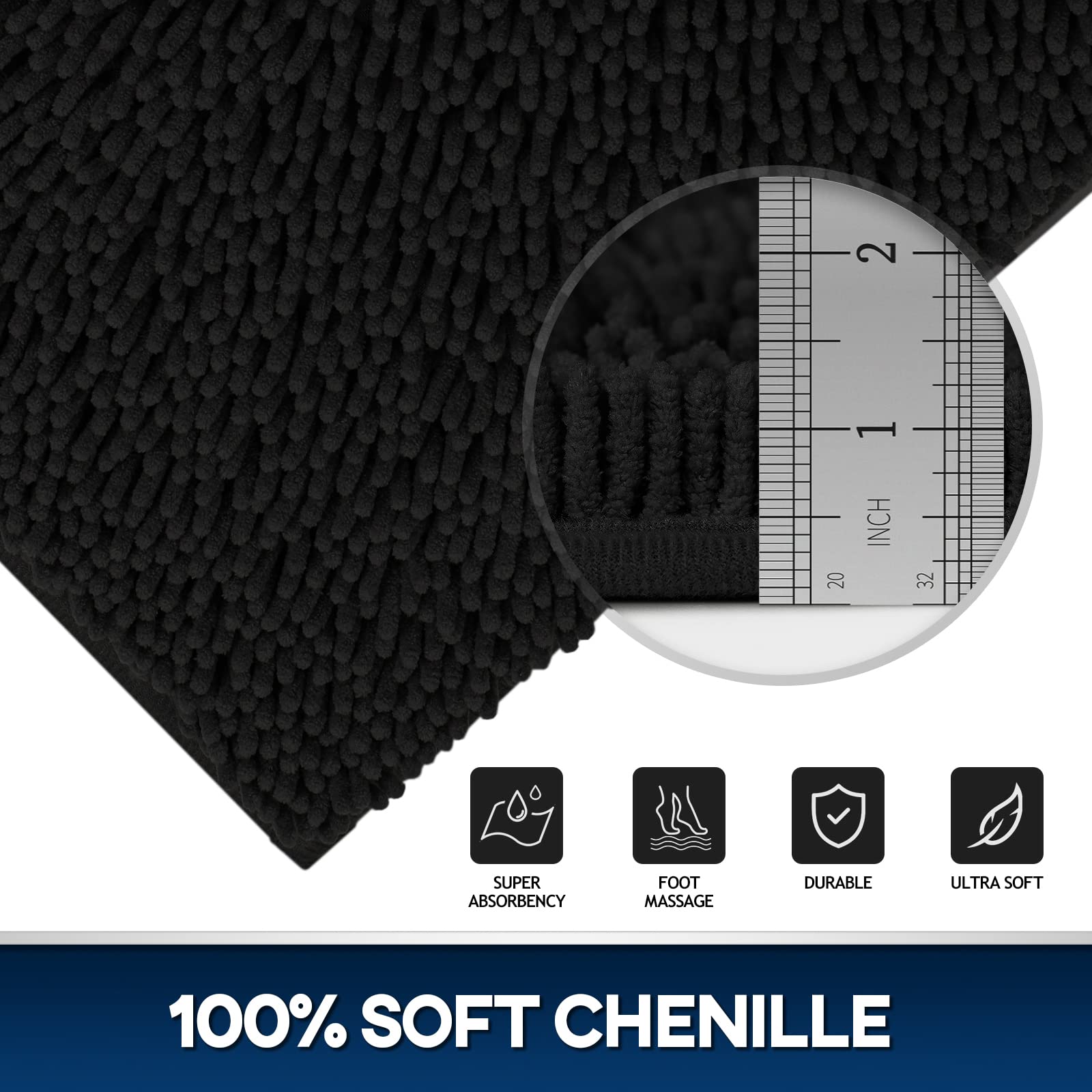 Set di 3 tappeti da bagno in ciniglia, extra morbidi e assorbenti | Tappetino da bagno 50,8 x 81,3 cm + tappetino per WC a forma di U+copricoperchio, nero, antiscivolo, lavabile in lavatrice e