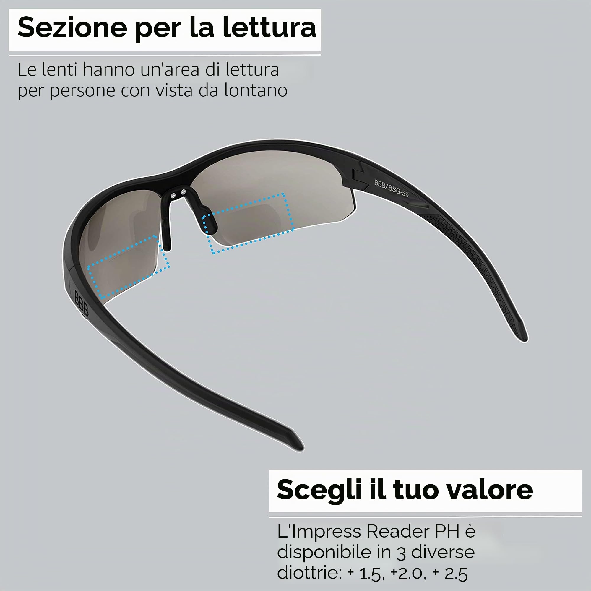 BBB Cycling - Occhiali da bici Impress Reader - Lenti fotocromatiche con finestra di lettura - Ponte nasale regolabile - Accessori bici - Leggero - Nero lucido - BSG-59PH