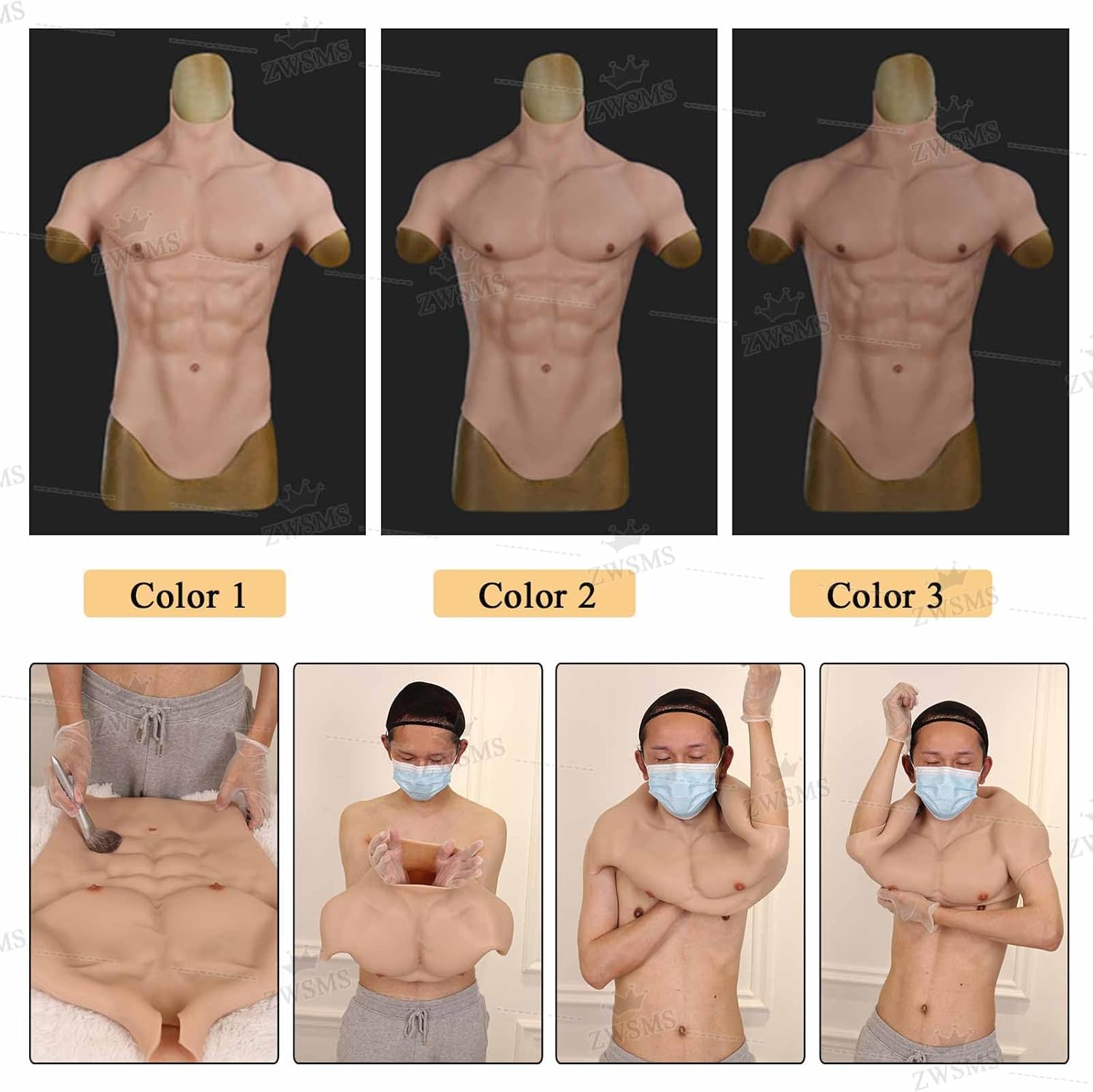 8 Generations Silicone Muscle Suit Half-Body Realistic Silicone Chest Male Bodysuit Fake Muscles for Cosplay
