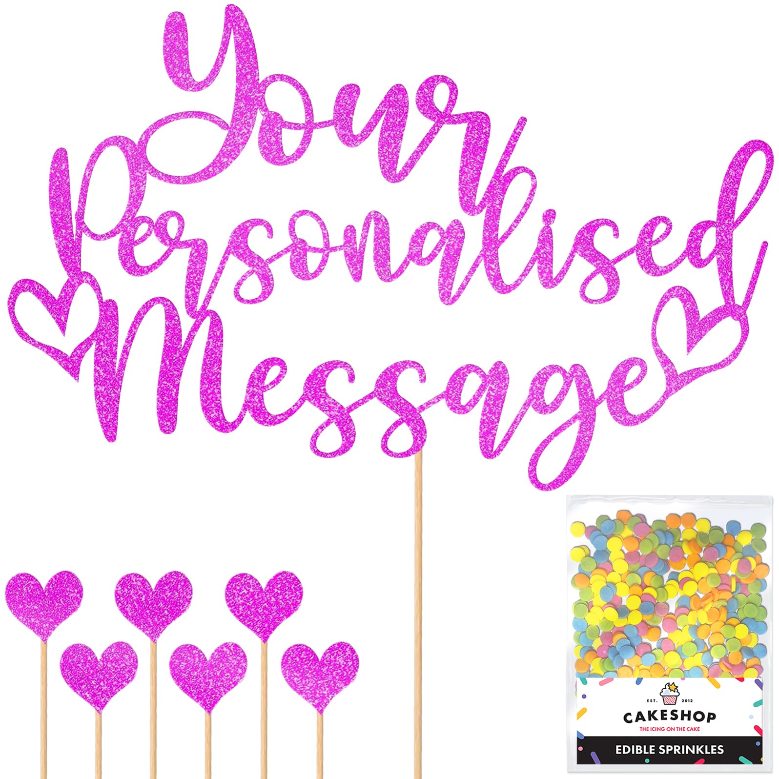 Any Text Personalised Glitter Cake Topper - Pink Name, Age, Words Glitter Cake Decoration and Sprinkles - Happy Birthday Decorations - Personalised Toppers for Cakes by Cakeshop