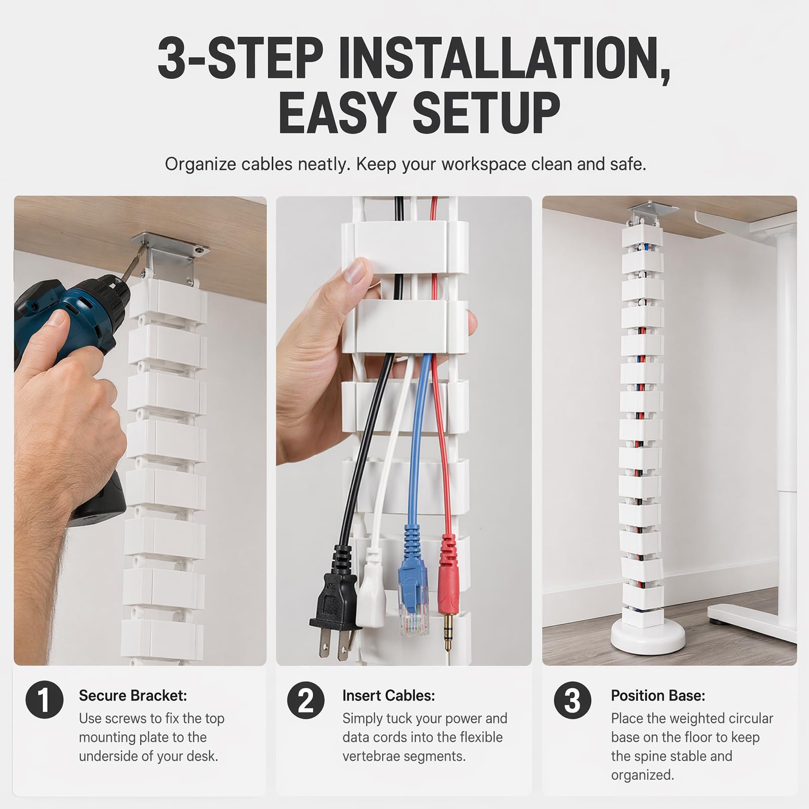 Guide-câble carré Flexible 130cm, Organisateur Rangement Fils chaîne Serpent, Accessoire Gestion câbles Bureau Hauteur Ajustable Couleur Blanc